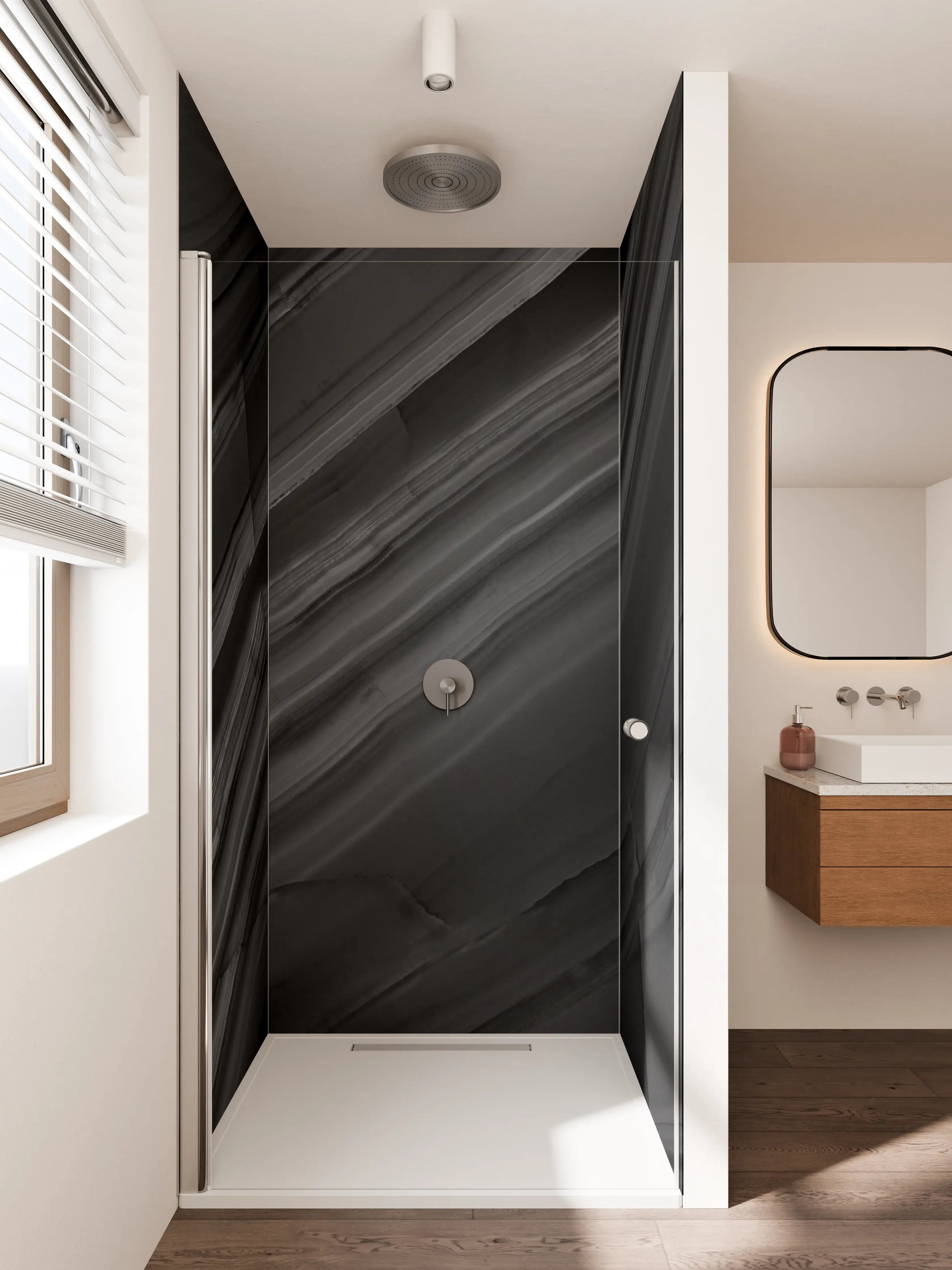 Duschrückwand - Dunkle Marmorstruktur in Schwarz