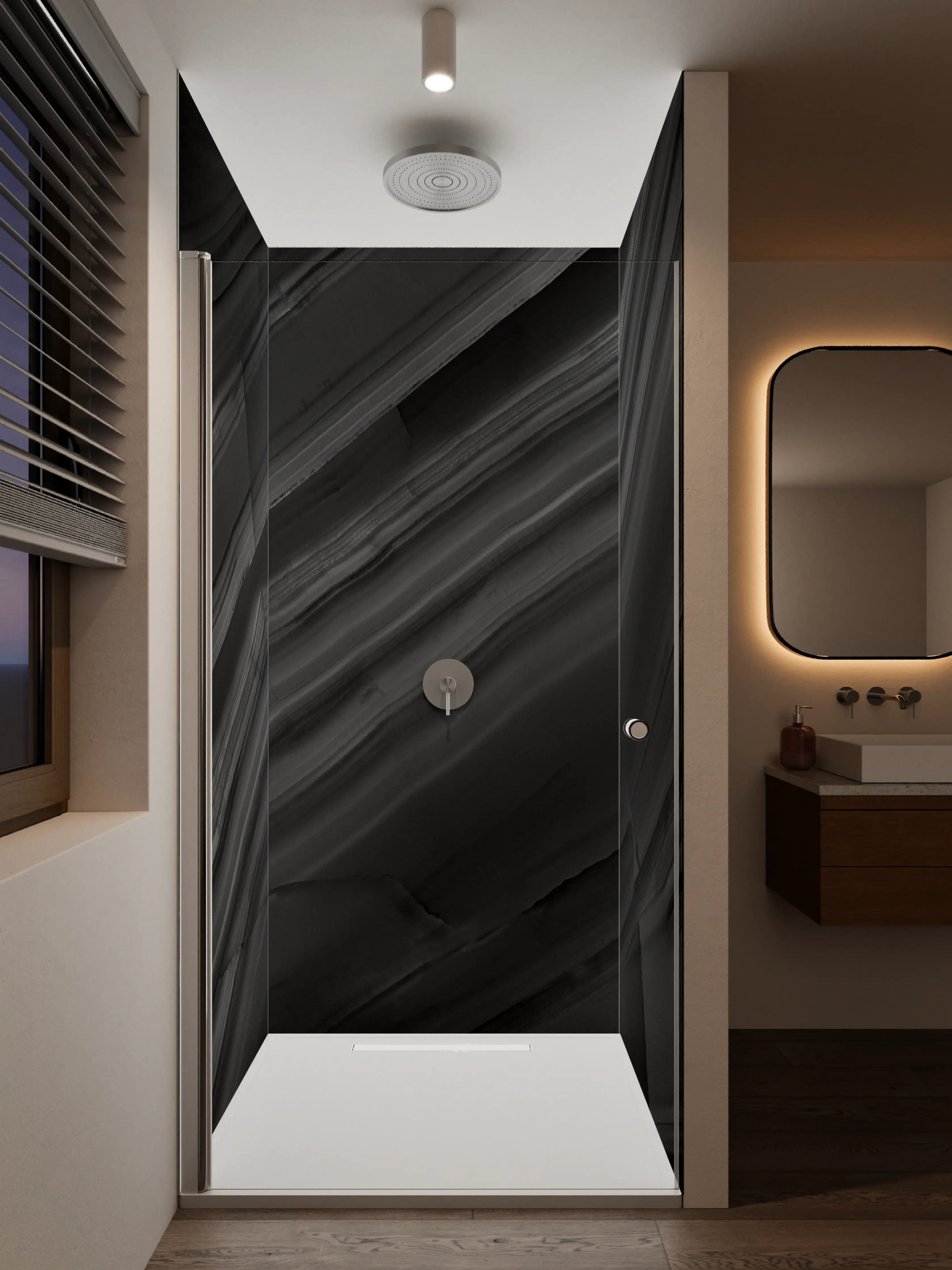 Duschrückwand - Dunkle Marmorstruktur in Schwarz