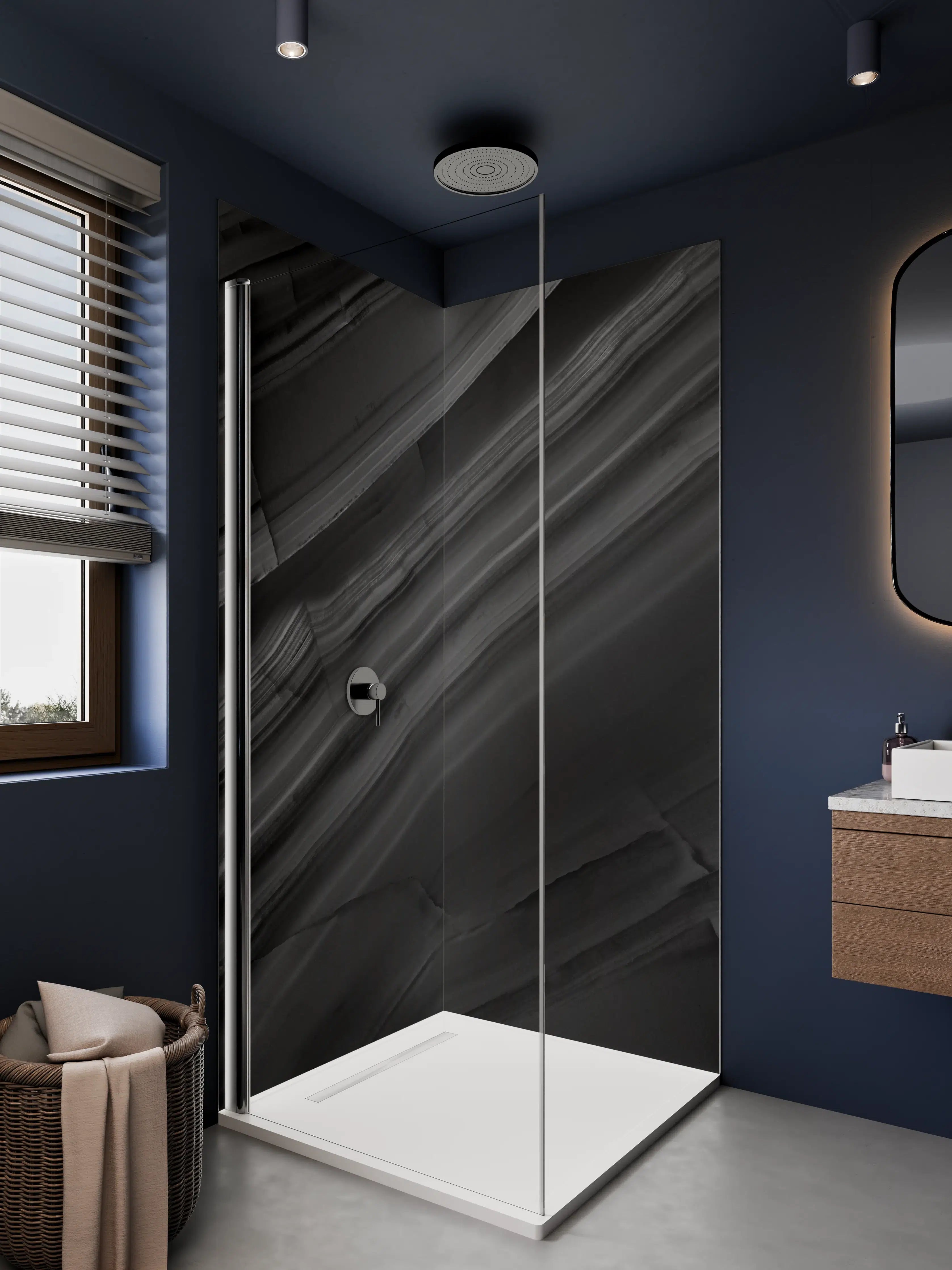 Duschrückwand - Dunkle Marmorstruktur in Schwarz