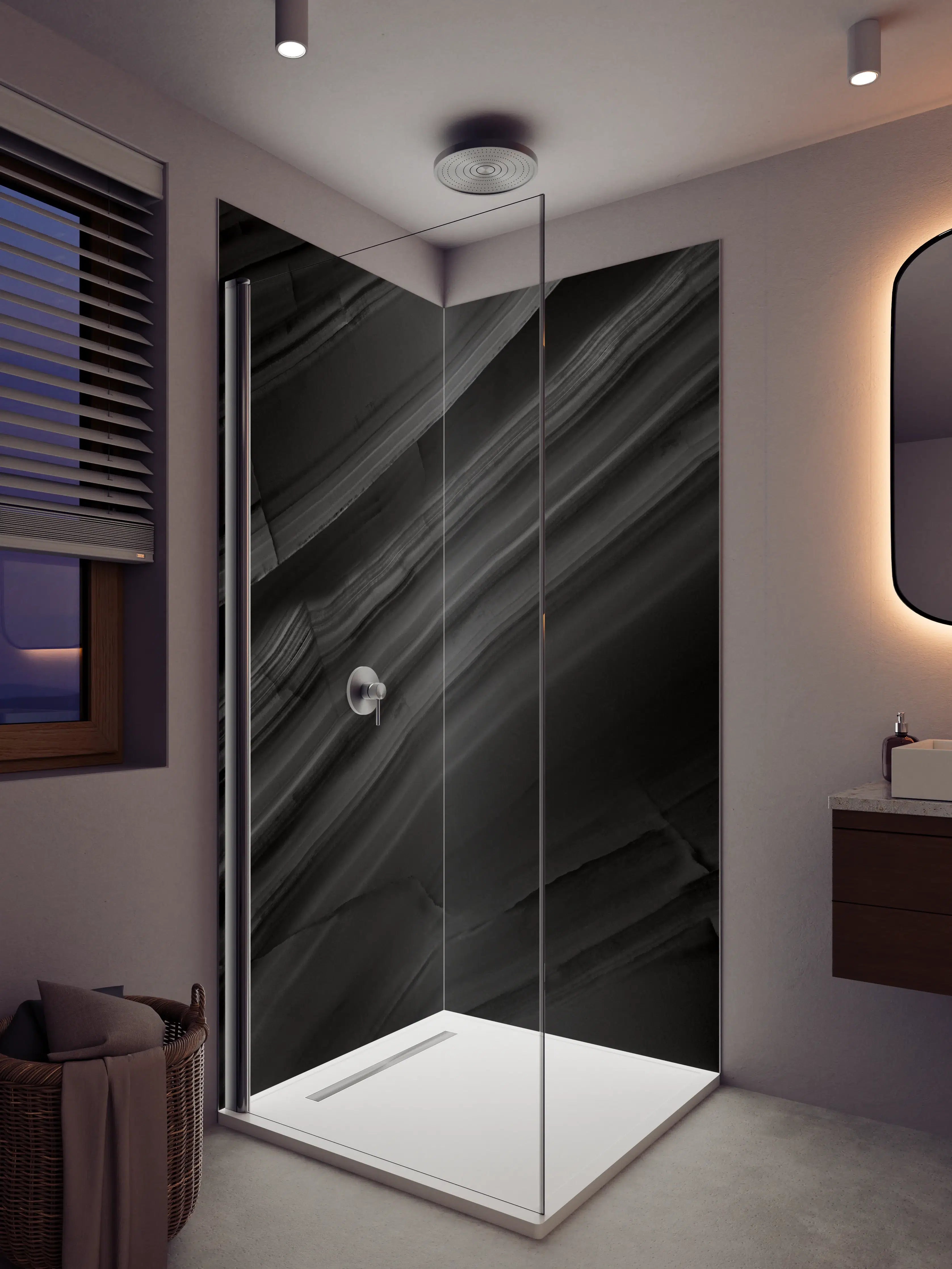 Duschrückwand - Dunkle Marmorstruktur in Schwarz