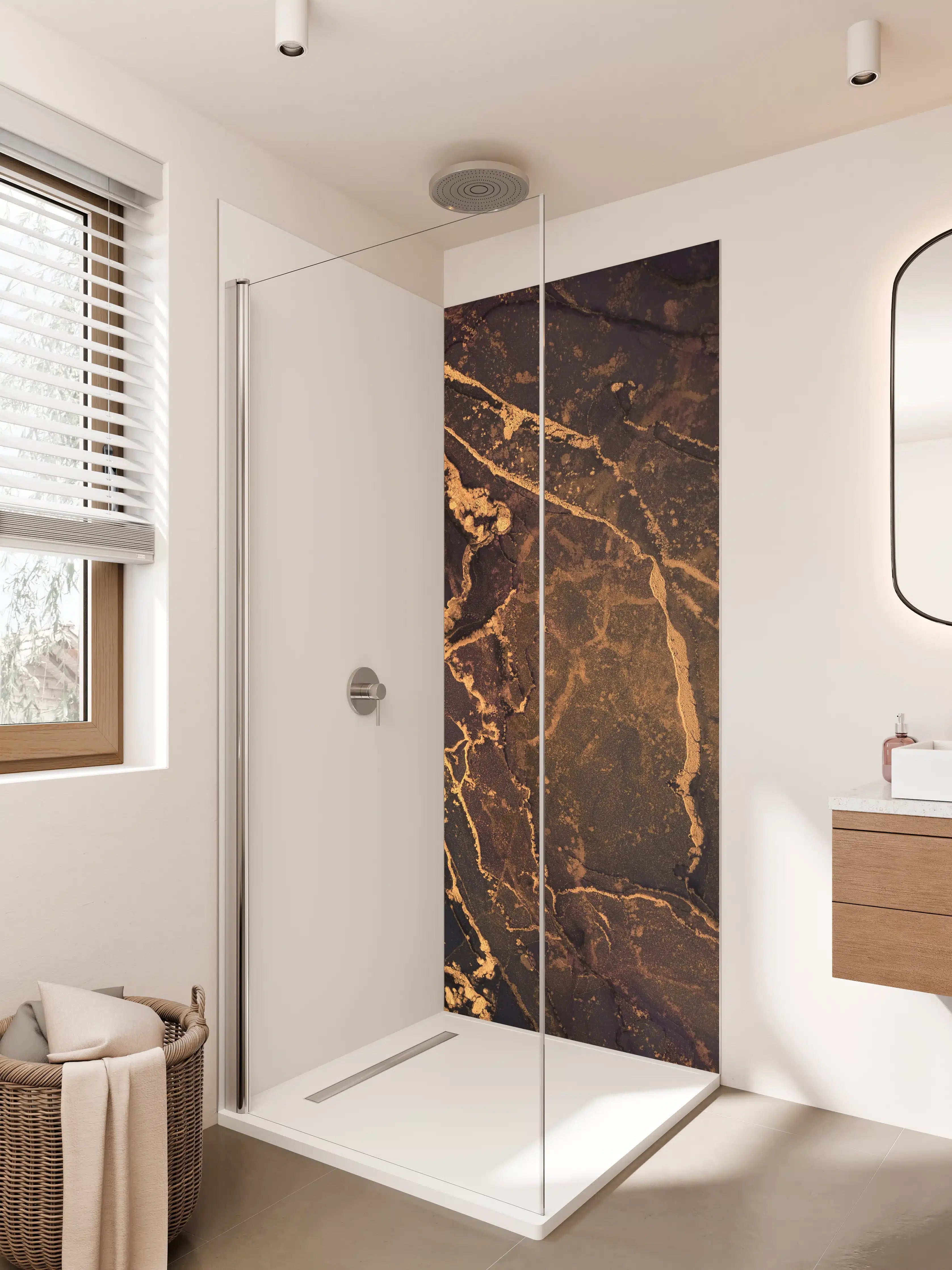 Duschrückwand - Dunkle Tinte mit Goldelementen