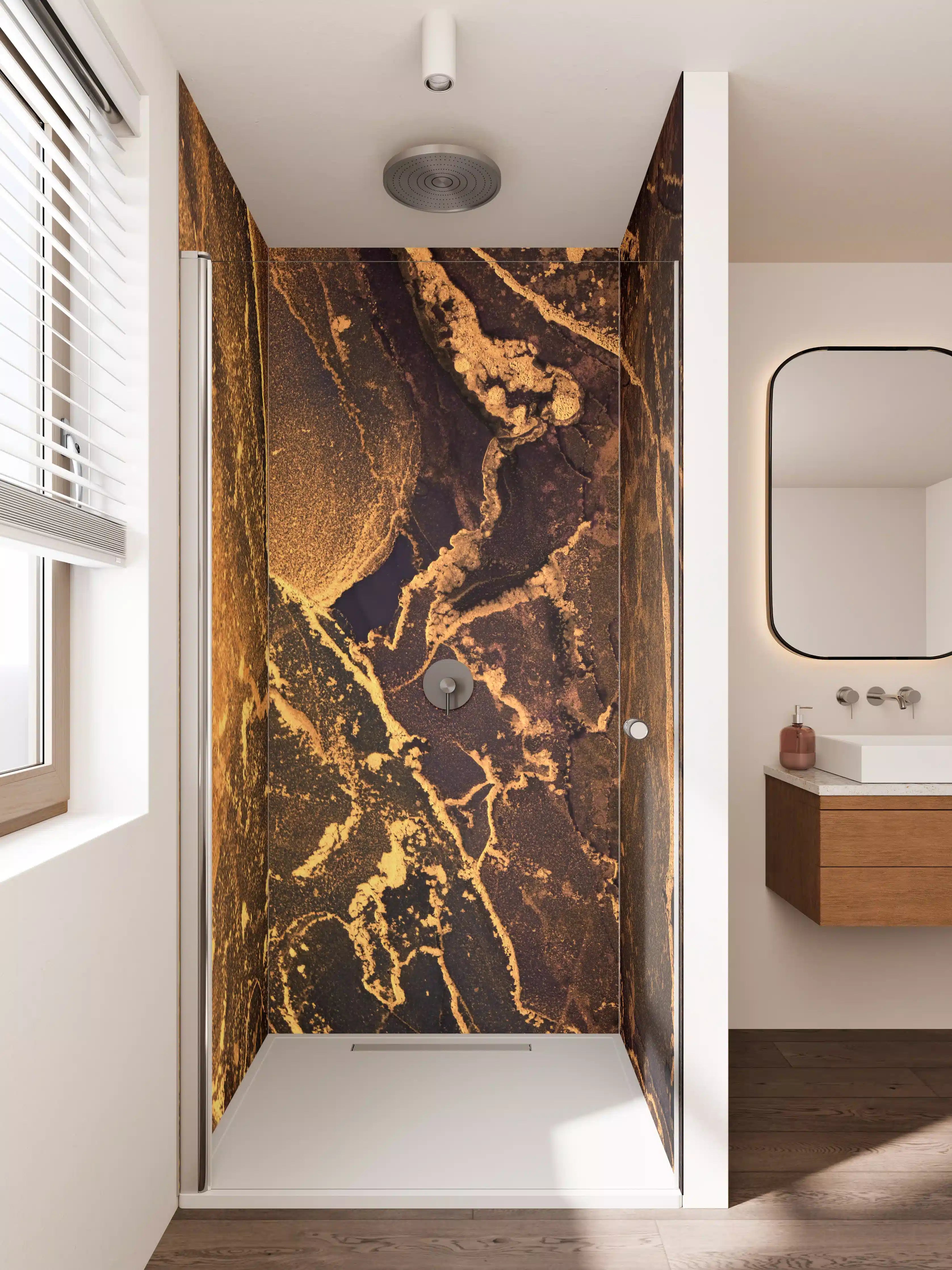Duschrückwand - Dunkle Tinte mit Goldelementen
