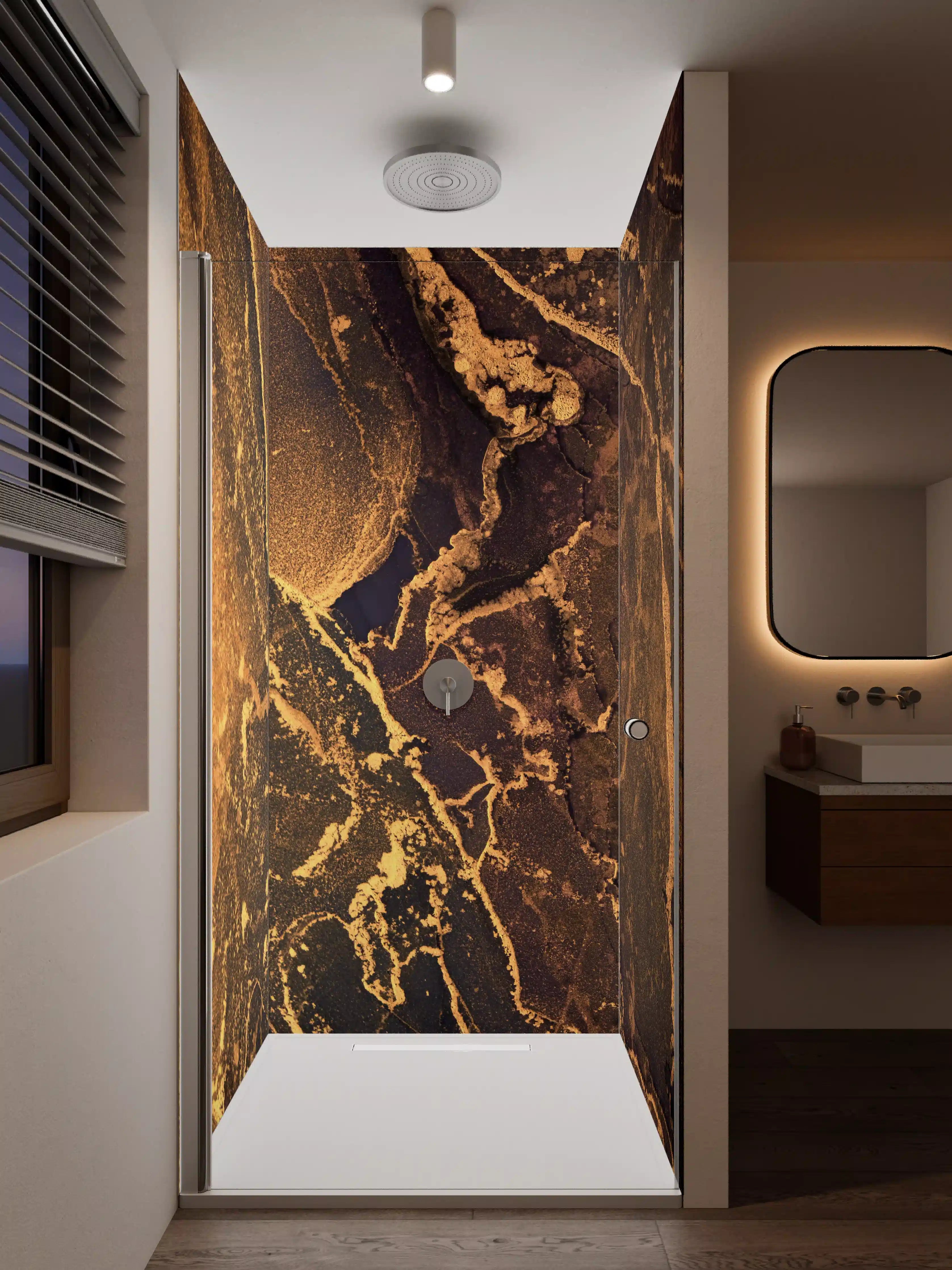 Duschrückwand - Dunkle Tinte mit Goldelementen