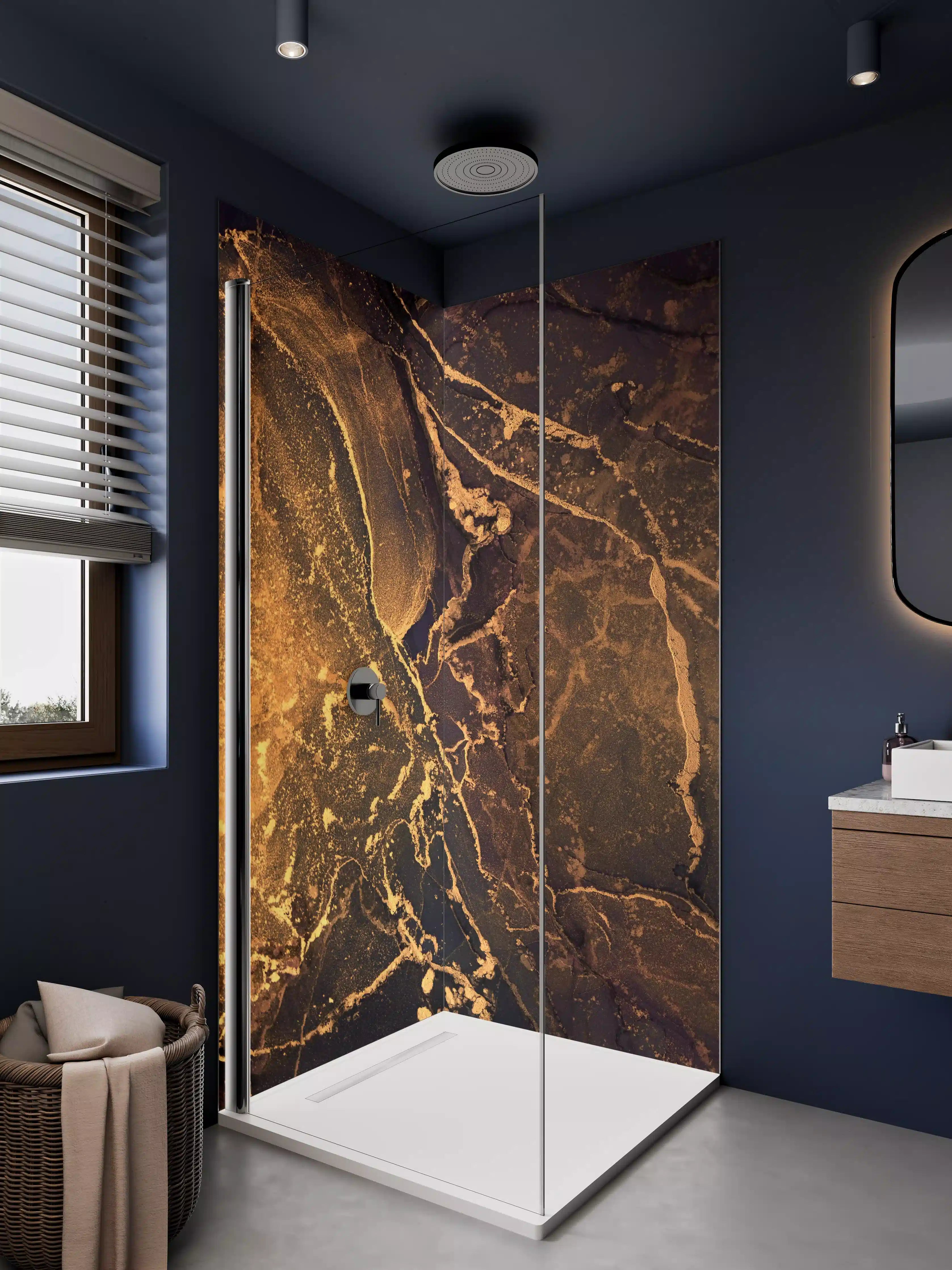 Duschrückwand - Dunkle Tinte mit Goldelementen