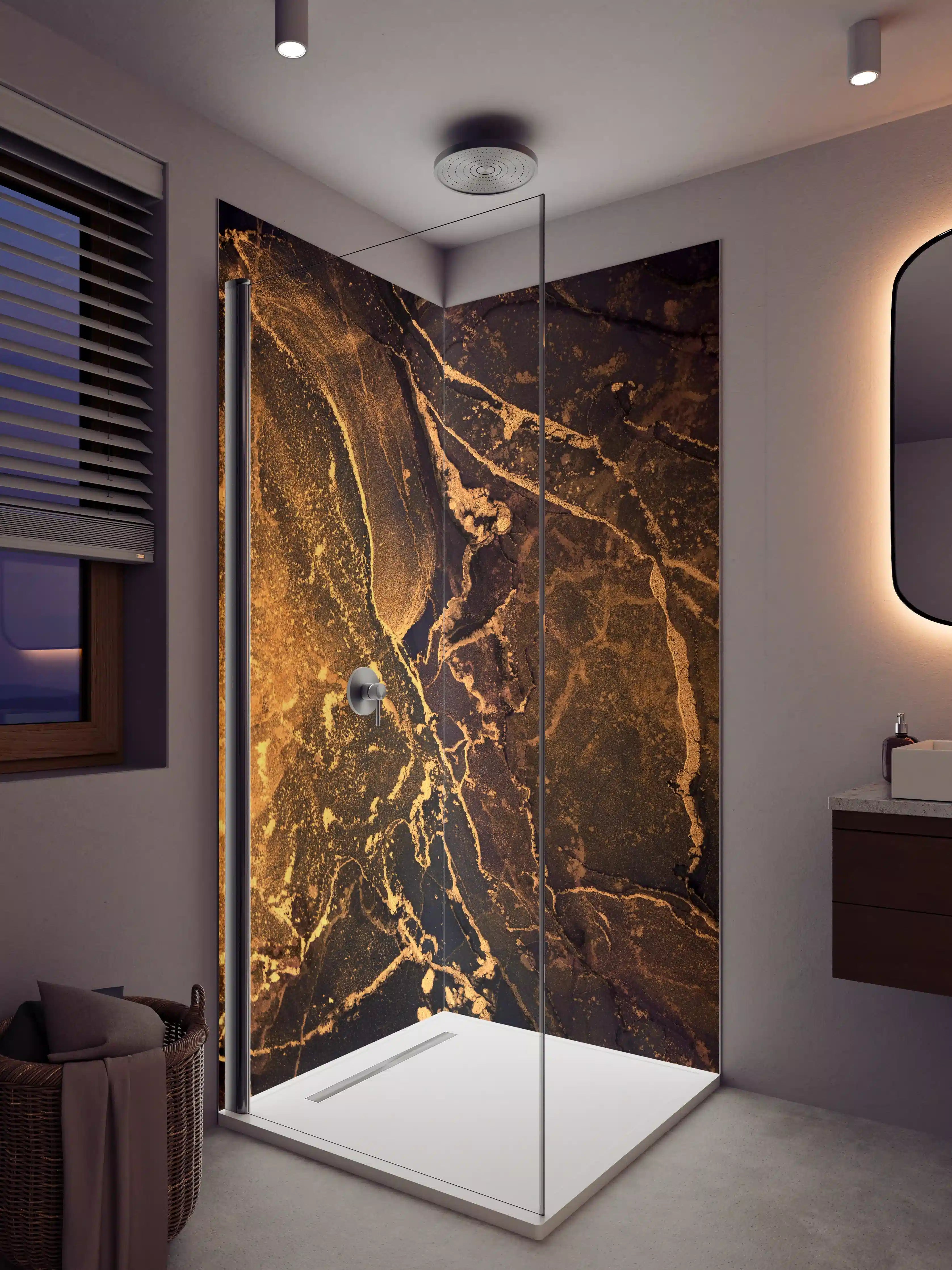 Duschrückwand - Dunkle Tinte mit Goldelementen