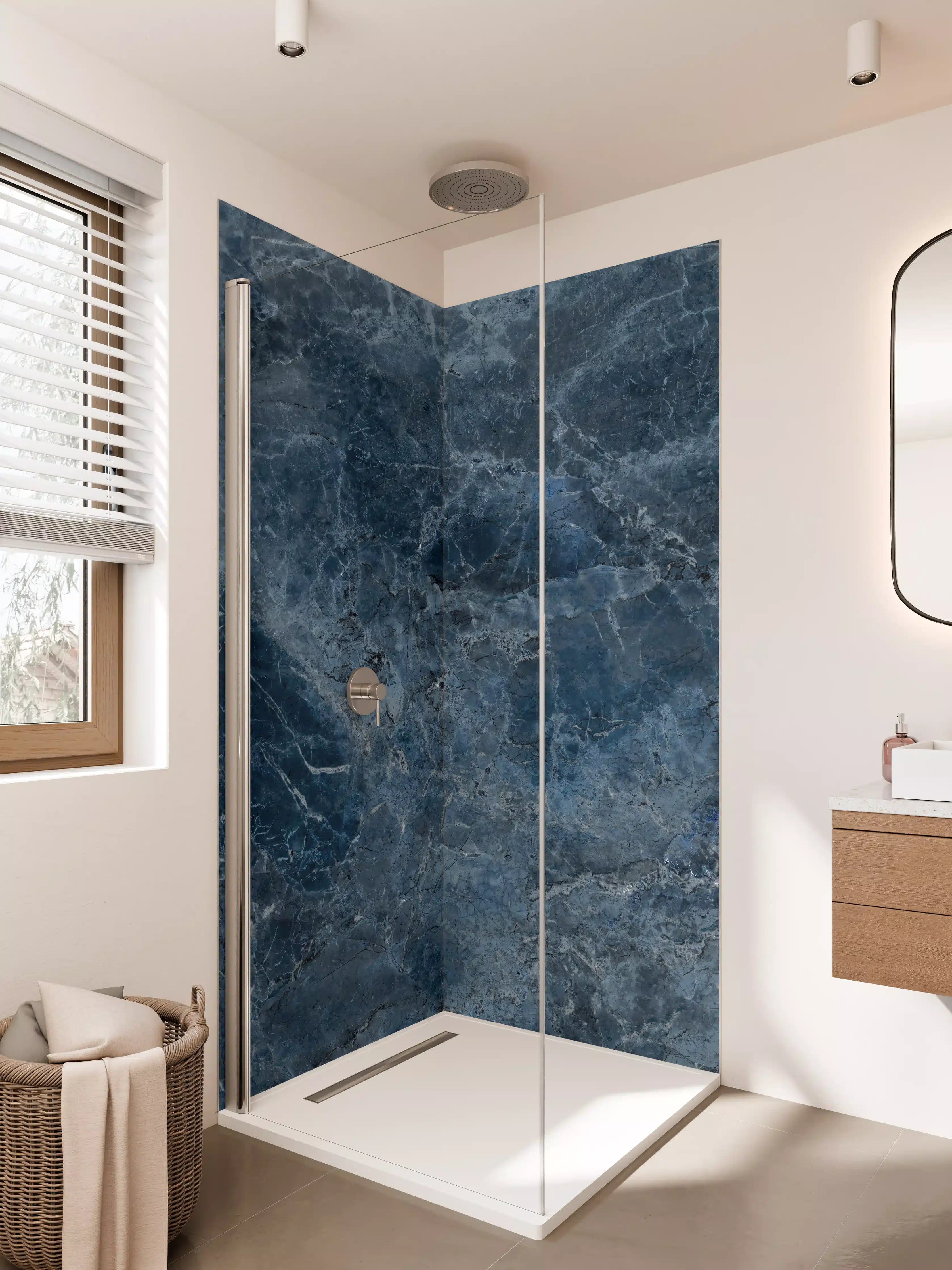 Duschrückwand - Dunkle blaue Marmor-Textur mit natürlicher Maserung