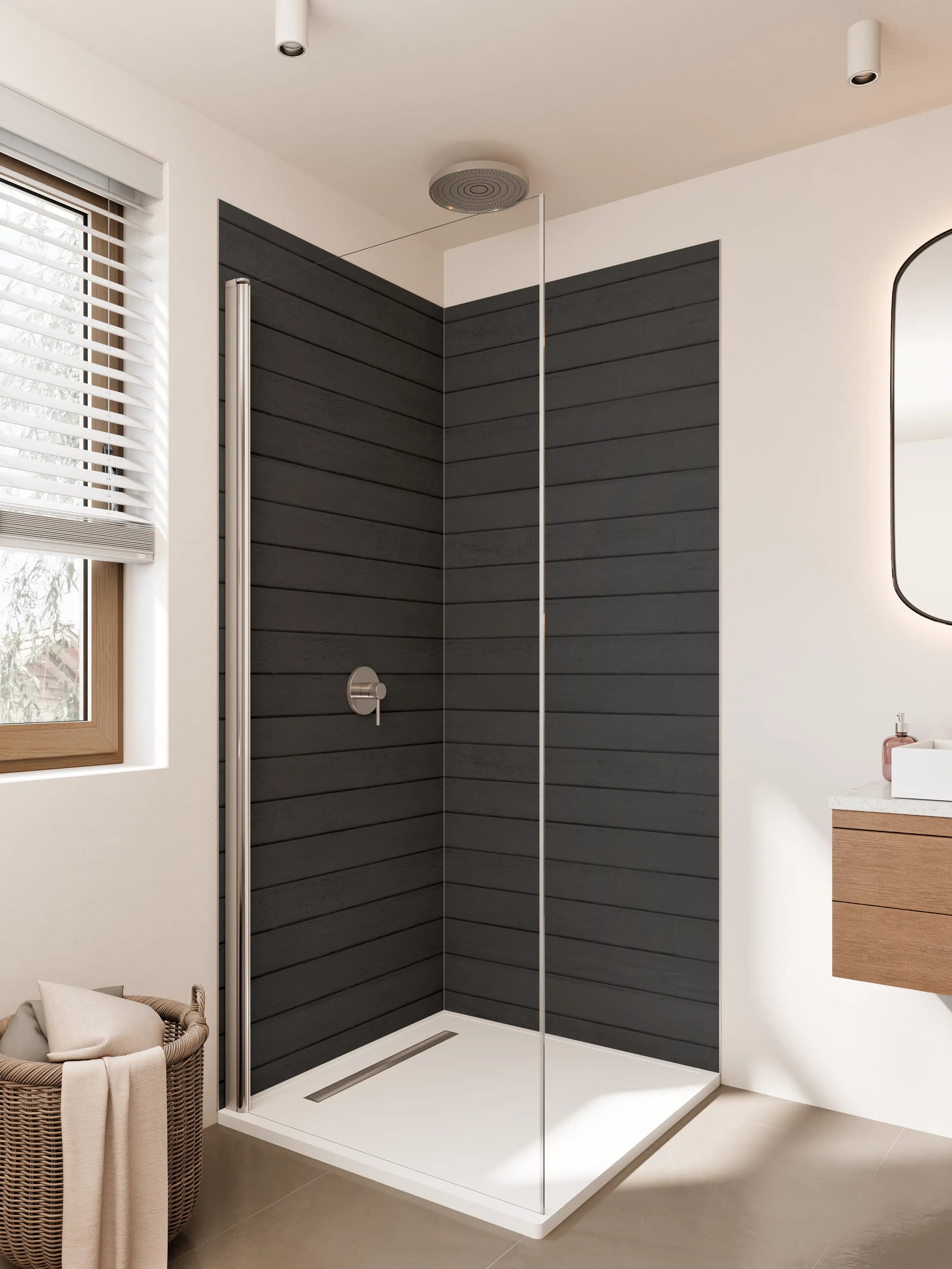 Duschrückwand - Dunkle, strukturierte Holzoptik