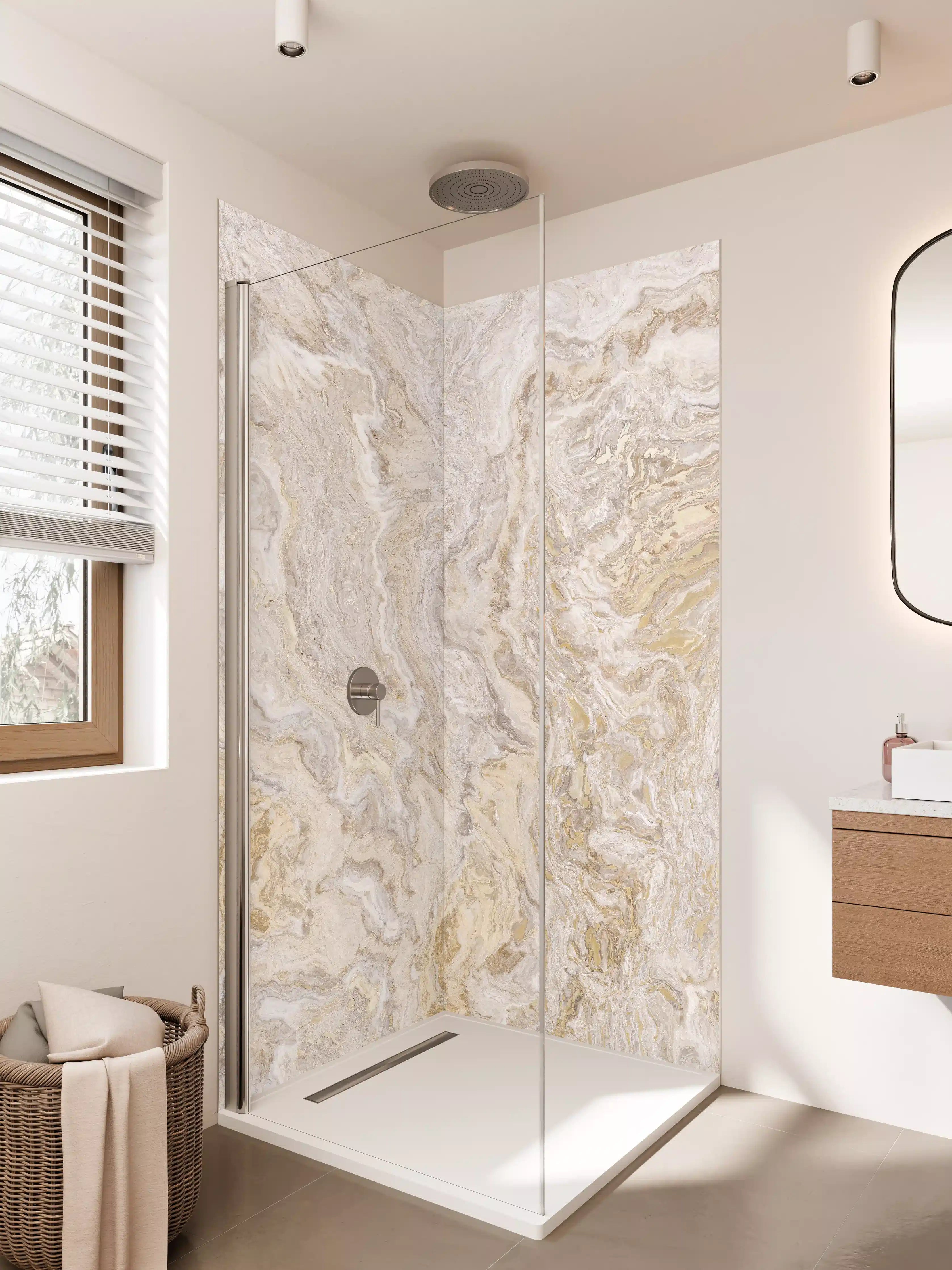 Duschrückwand - Beige Marmorstruktur mit goldenen Akzenten