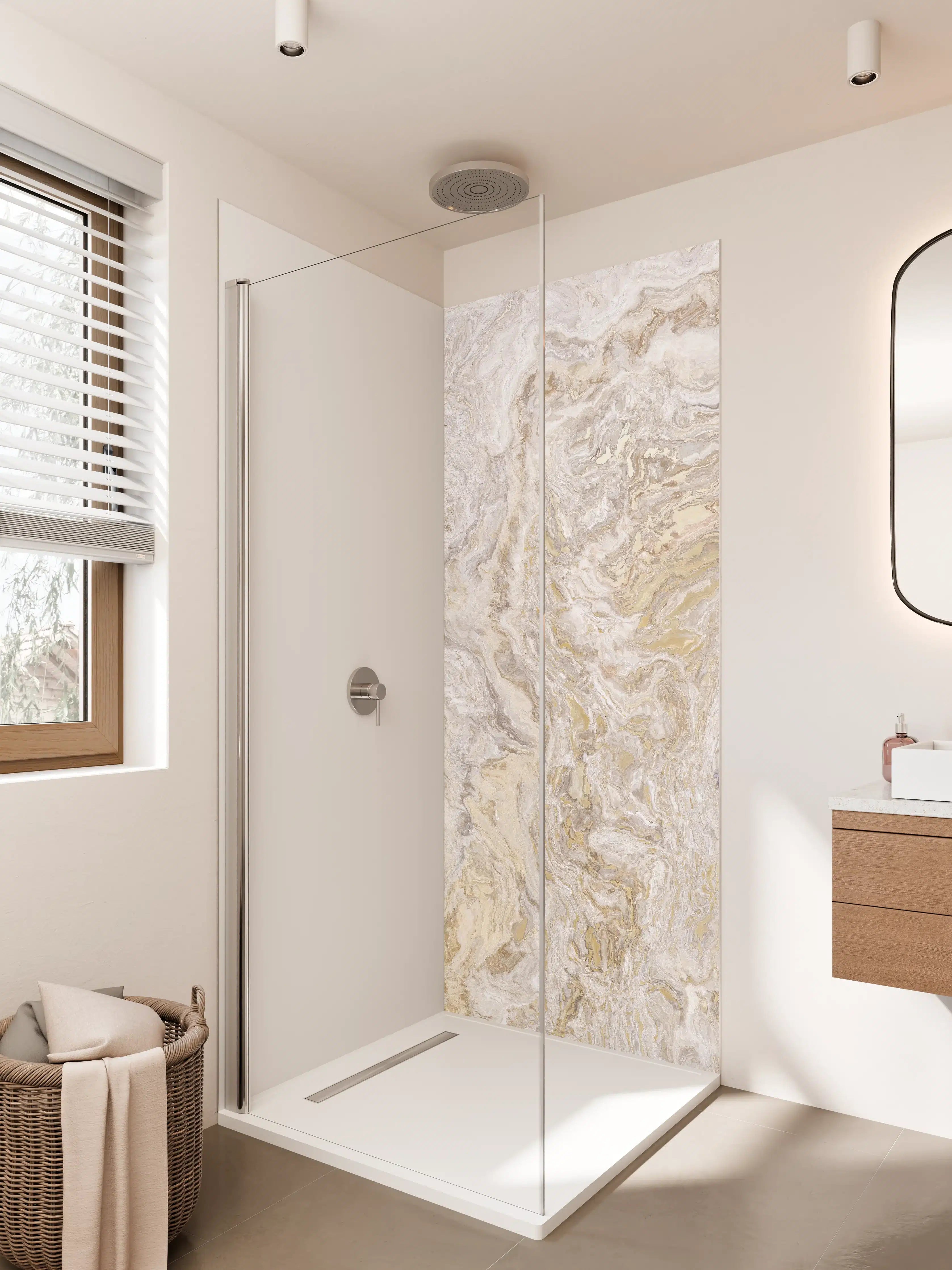 Duschrückwand - Beige Marmorstruktur mit goldenen Akzenten