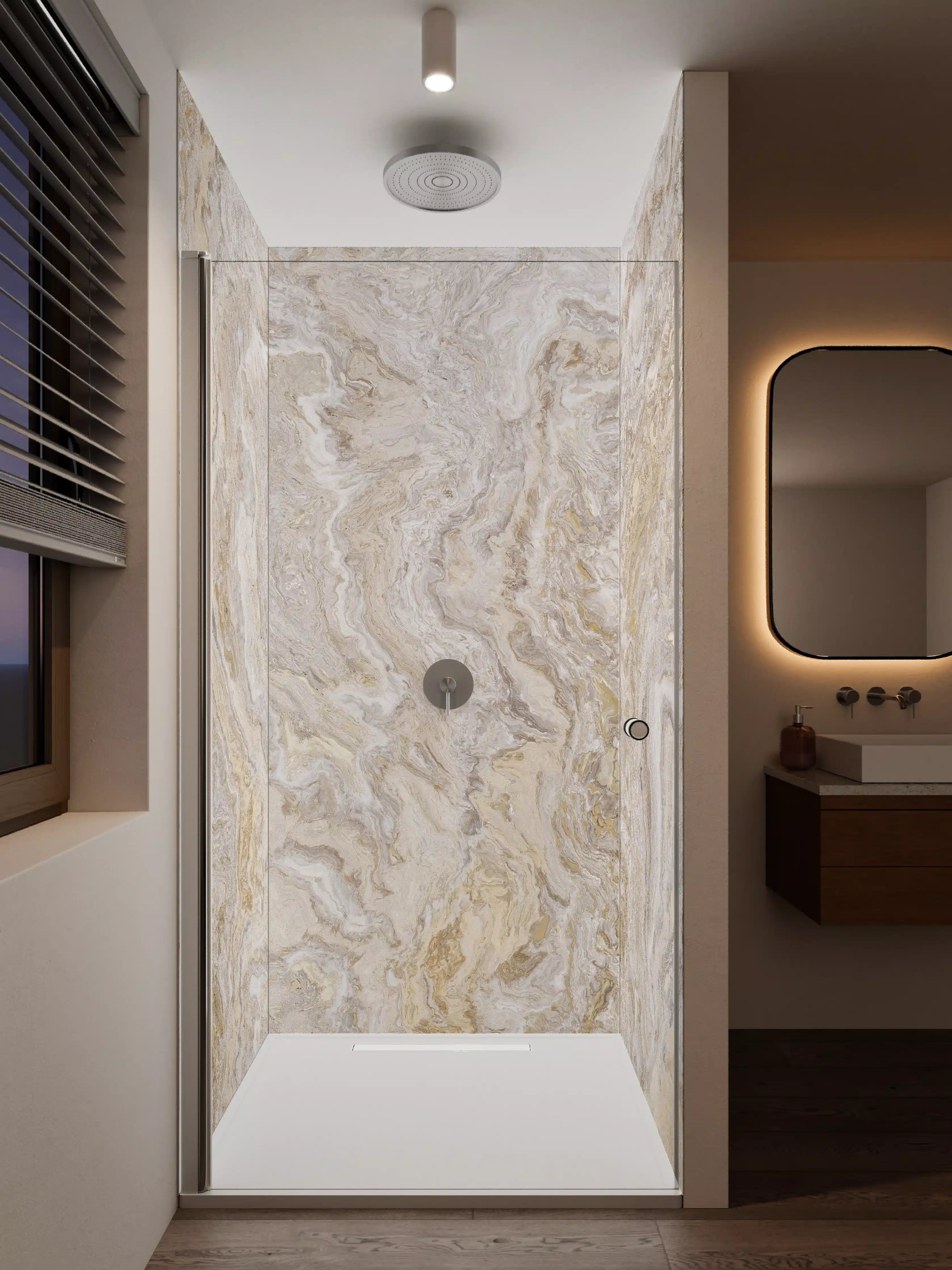 Duschrückwand - Beige Marmorstruktur mit goldenen Akzenten