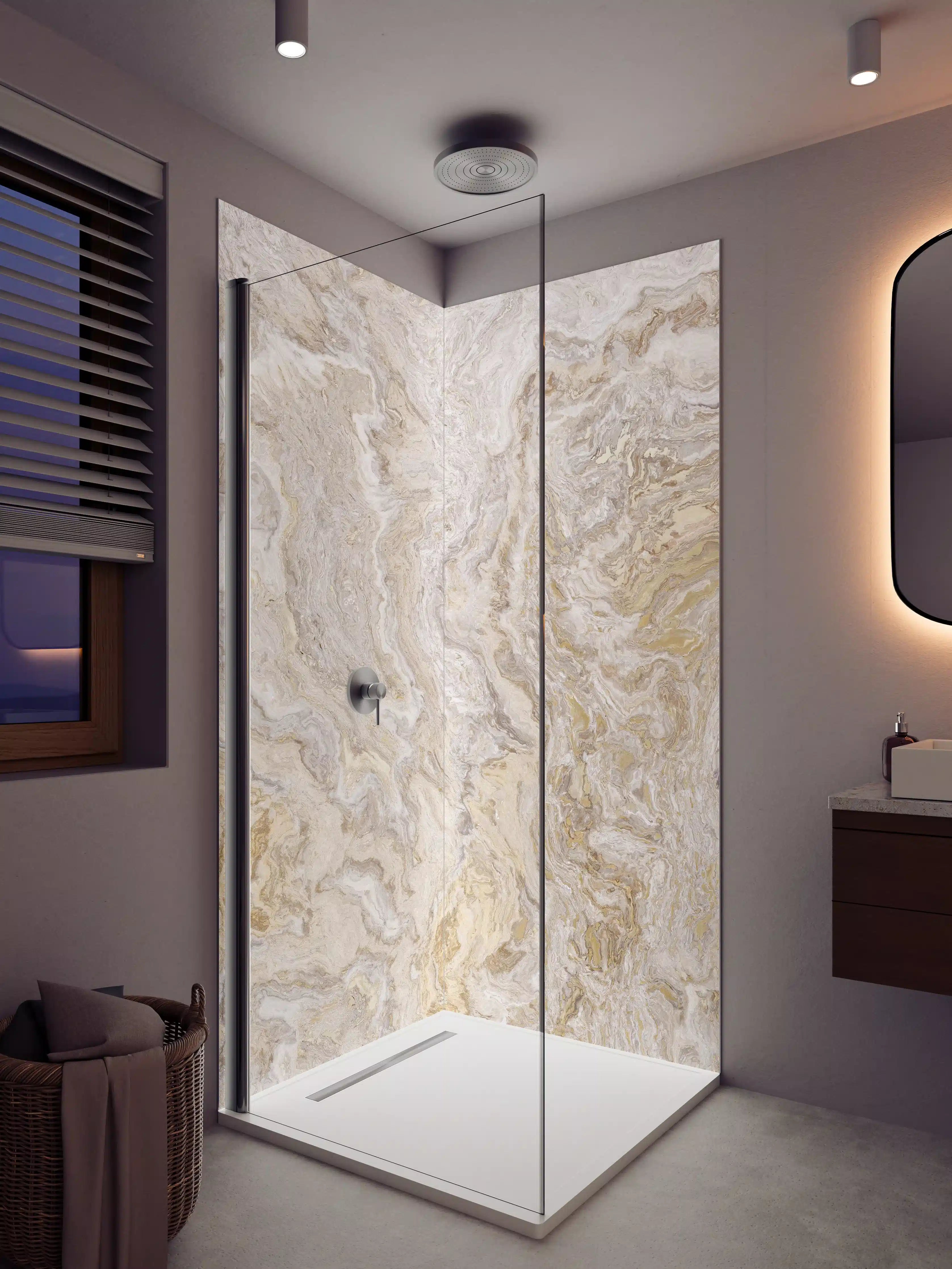 Duschrückwand - Beige Marmorstruktur mit goldenen Akzenten