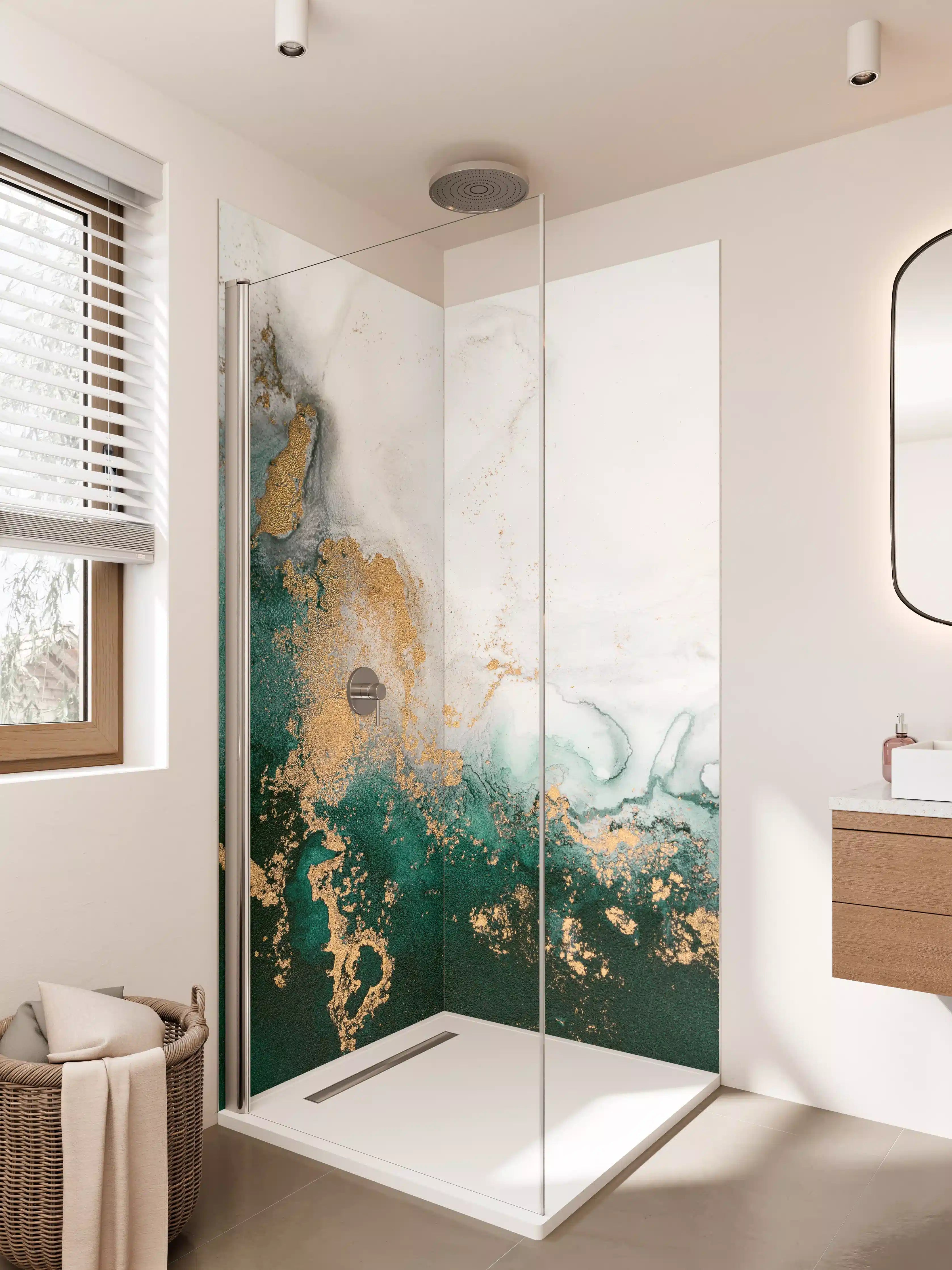 Duschrückwand - Elegante Marmor-Gold-Details