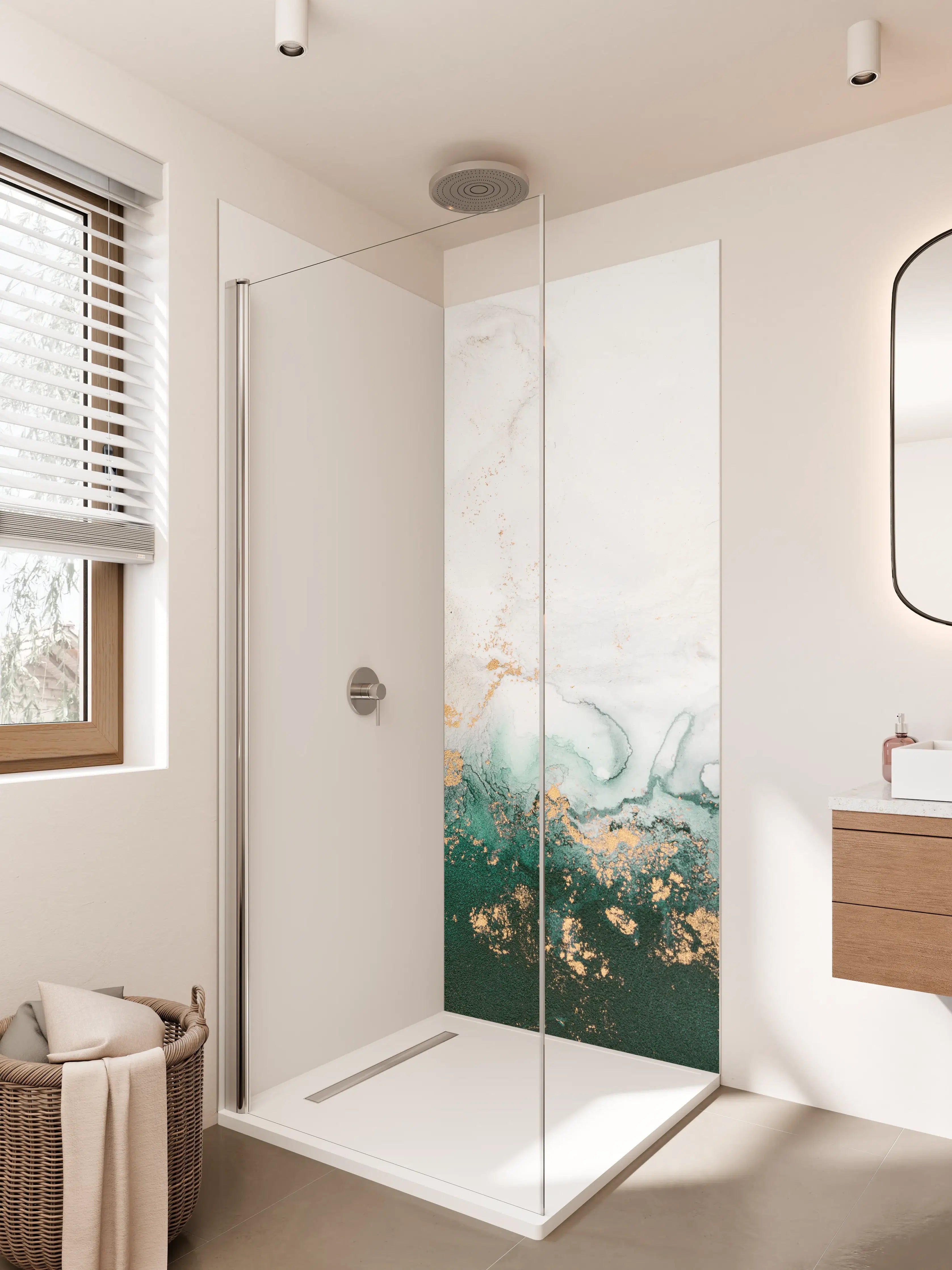 Duschrückwand - Elegante Marmor-Gold-Details