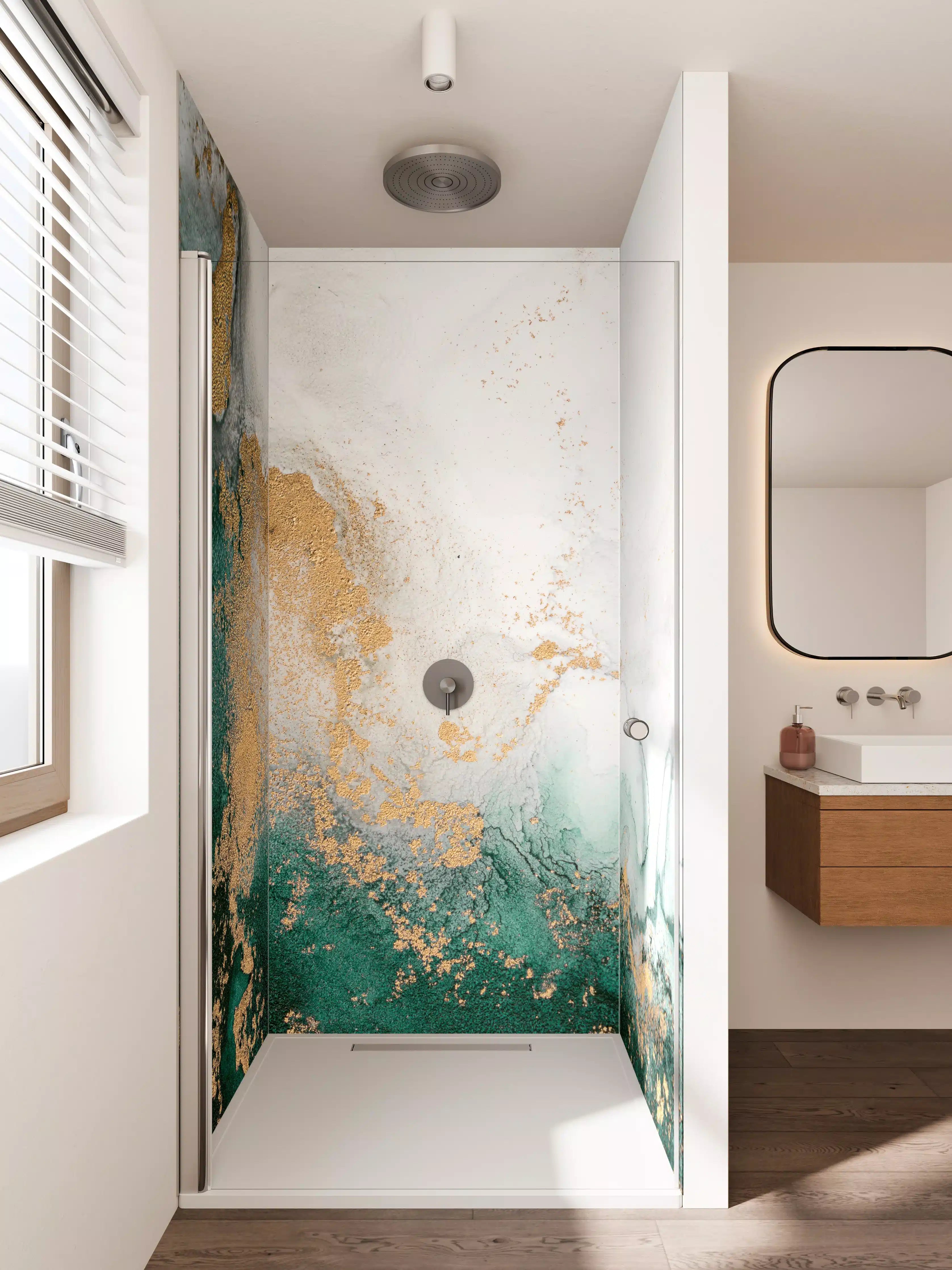 Duschrückwand - Elegante Marmor-Gold-Details