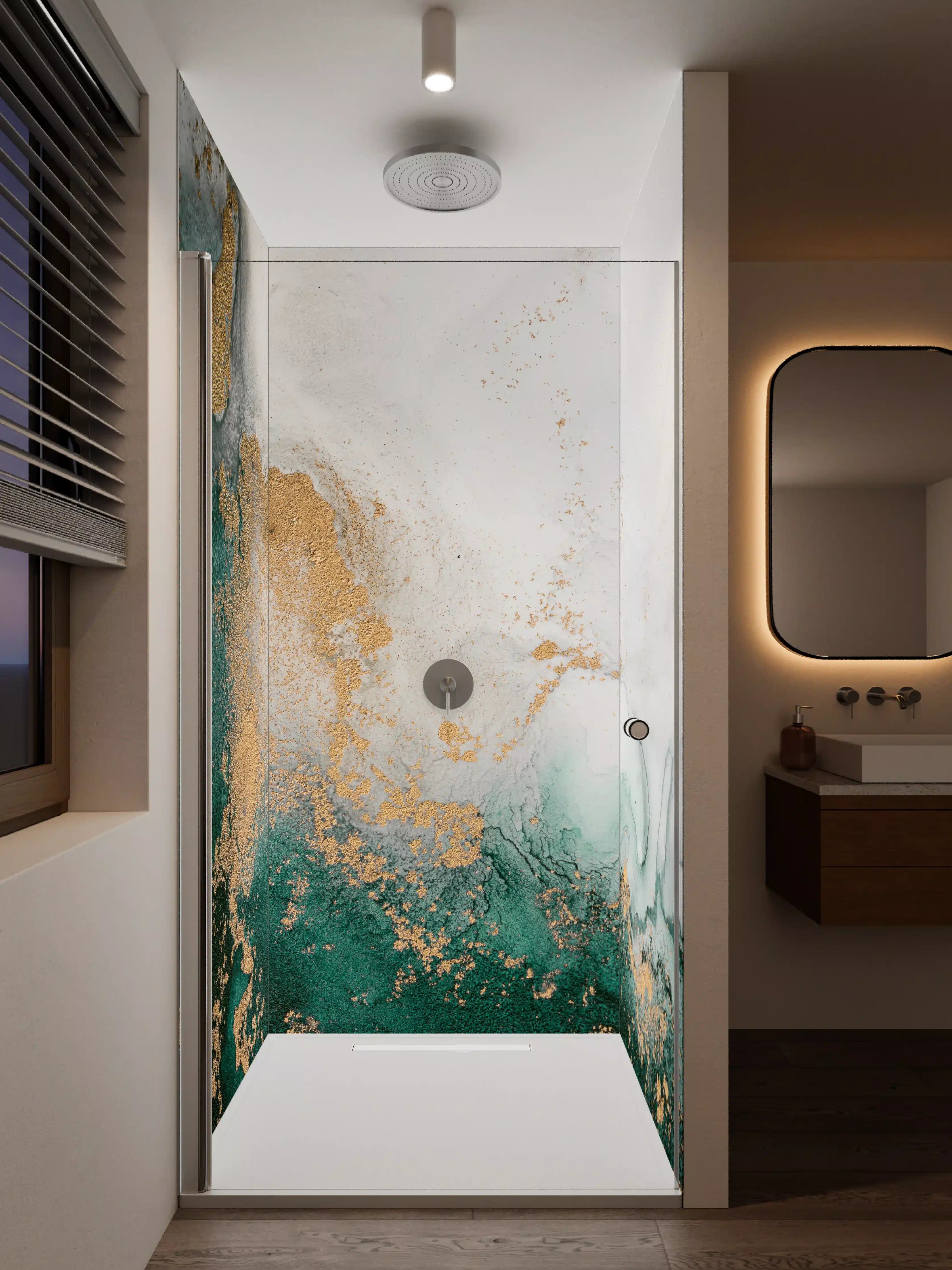Duschrückwand - Elegante Marmor-Gold-Details