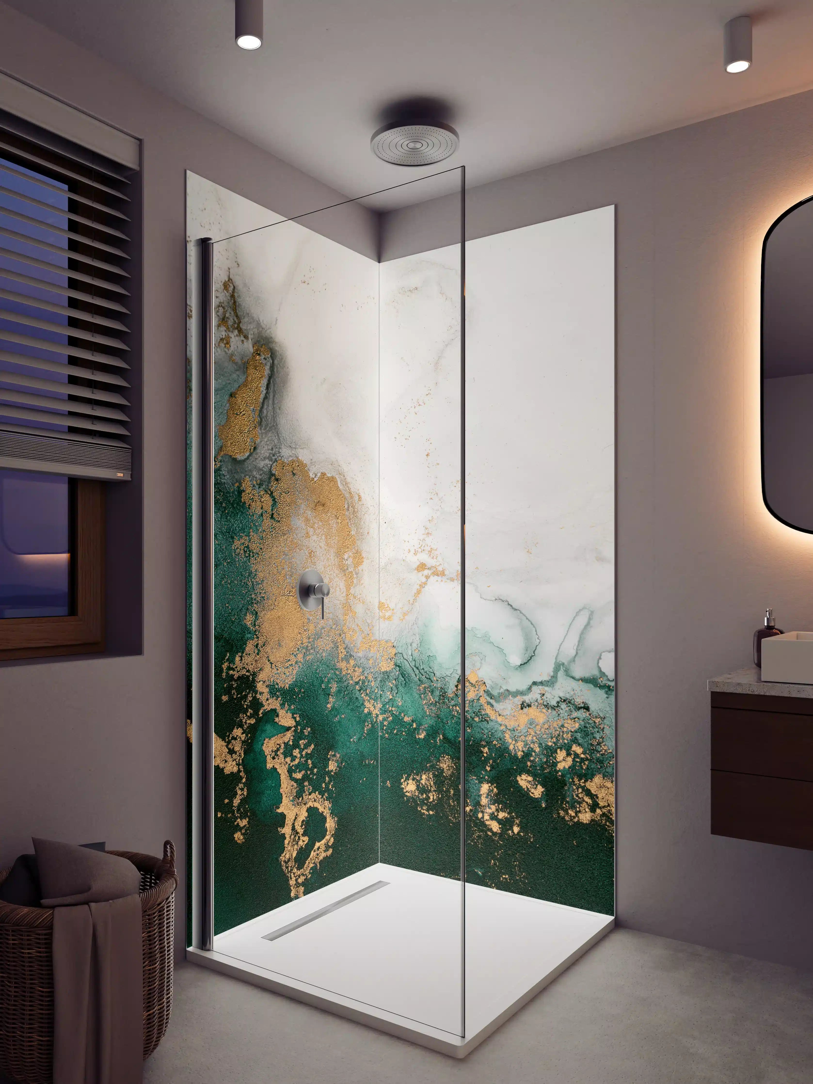 Duschrückwand - Elegante Marmor-Gold-Details