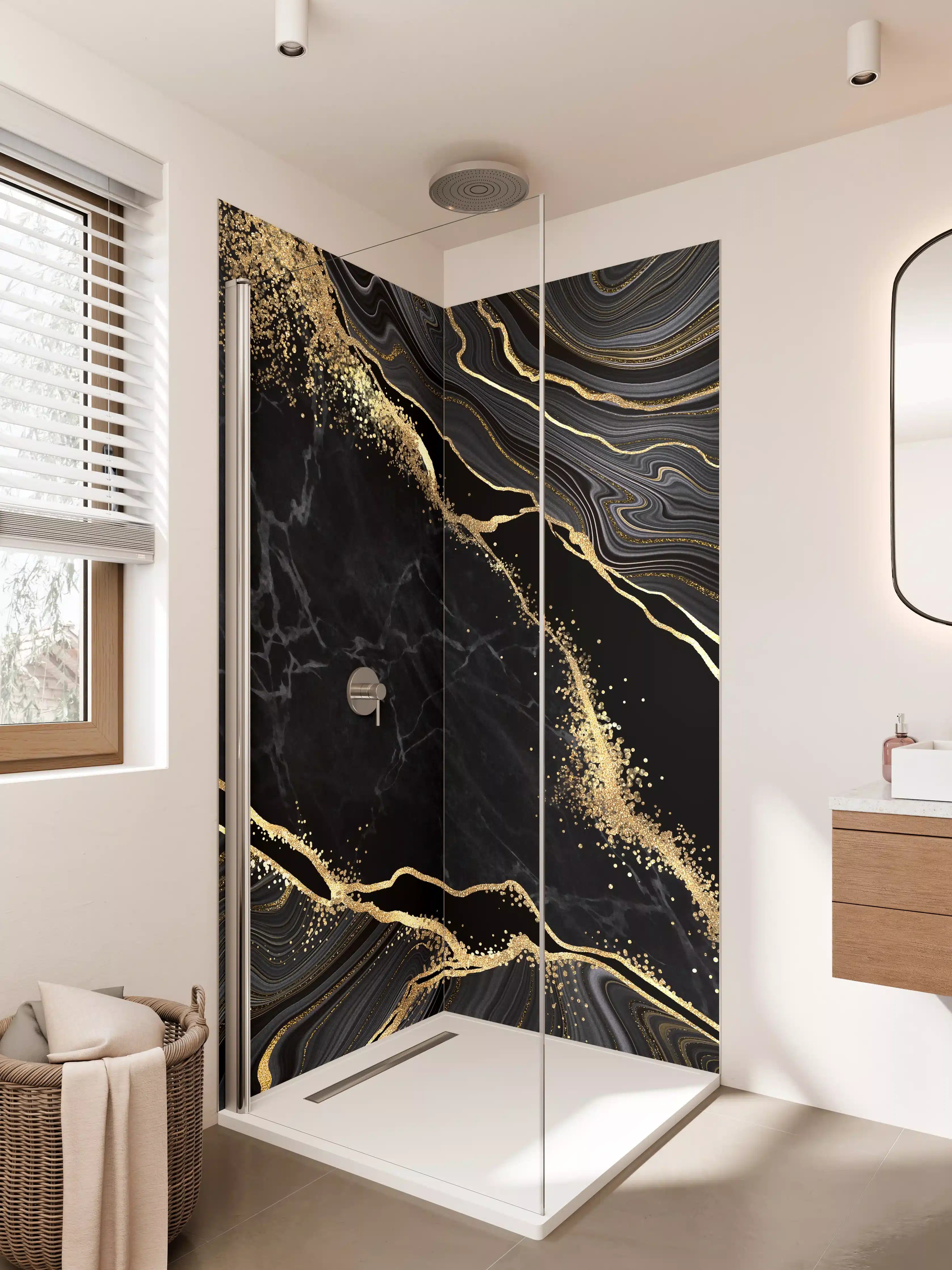 Duschrückwand - Eleganter Schwarz-Gold-Marmor-Design