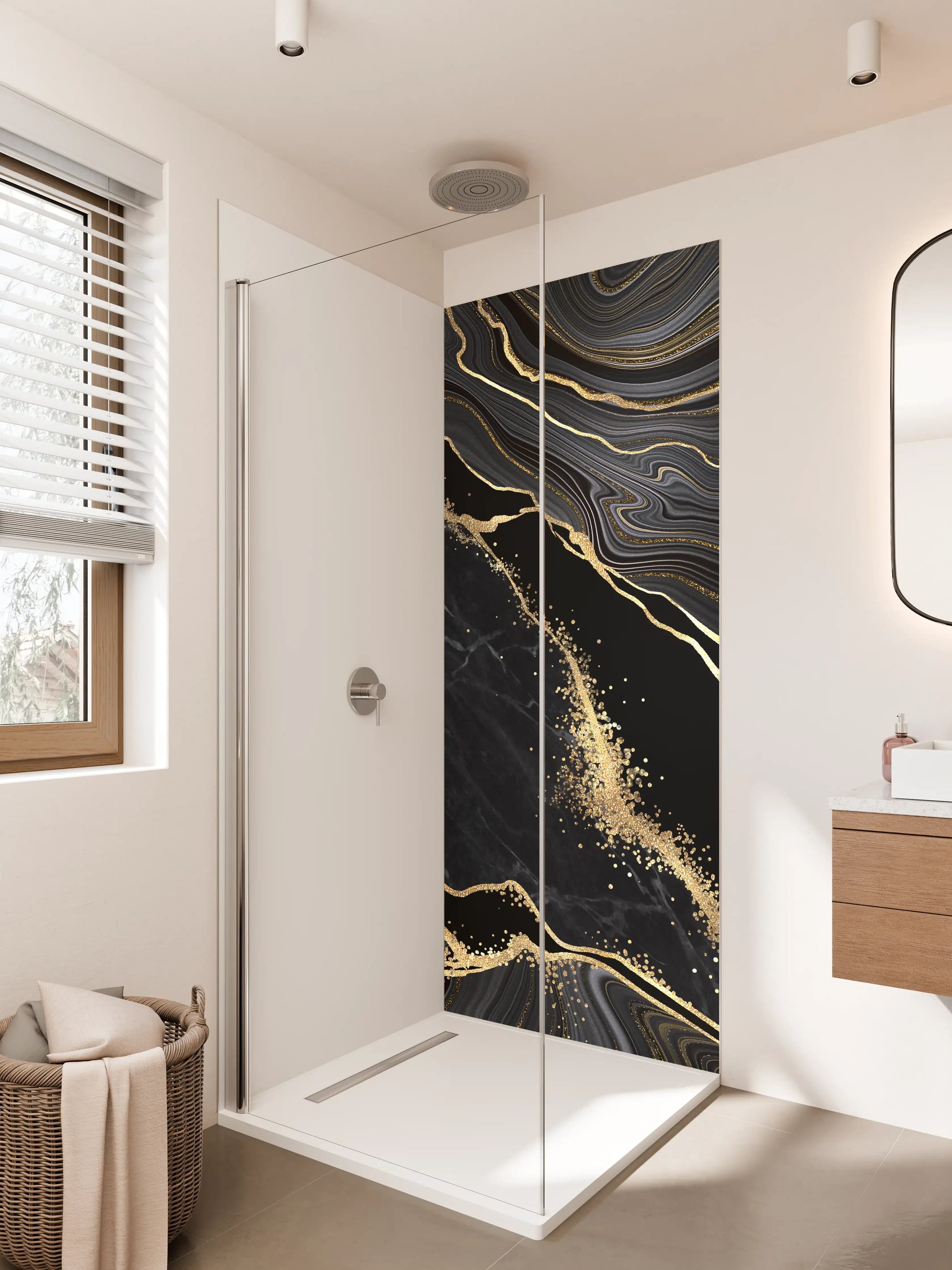 Duschrückwand - Eleganter Schwarz-Gold-Marmor-Design