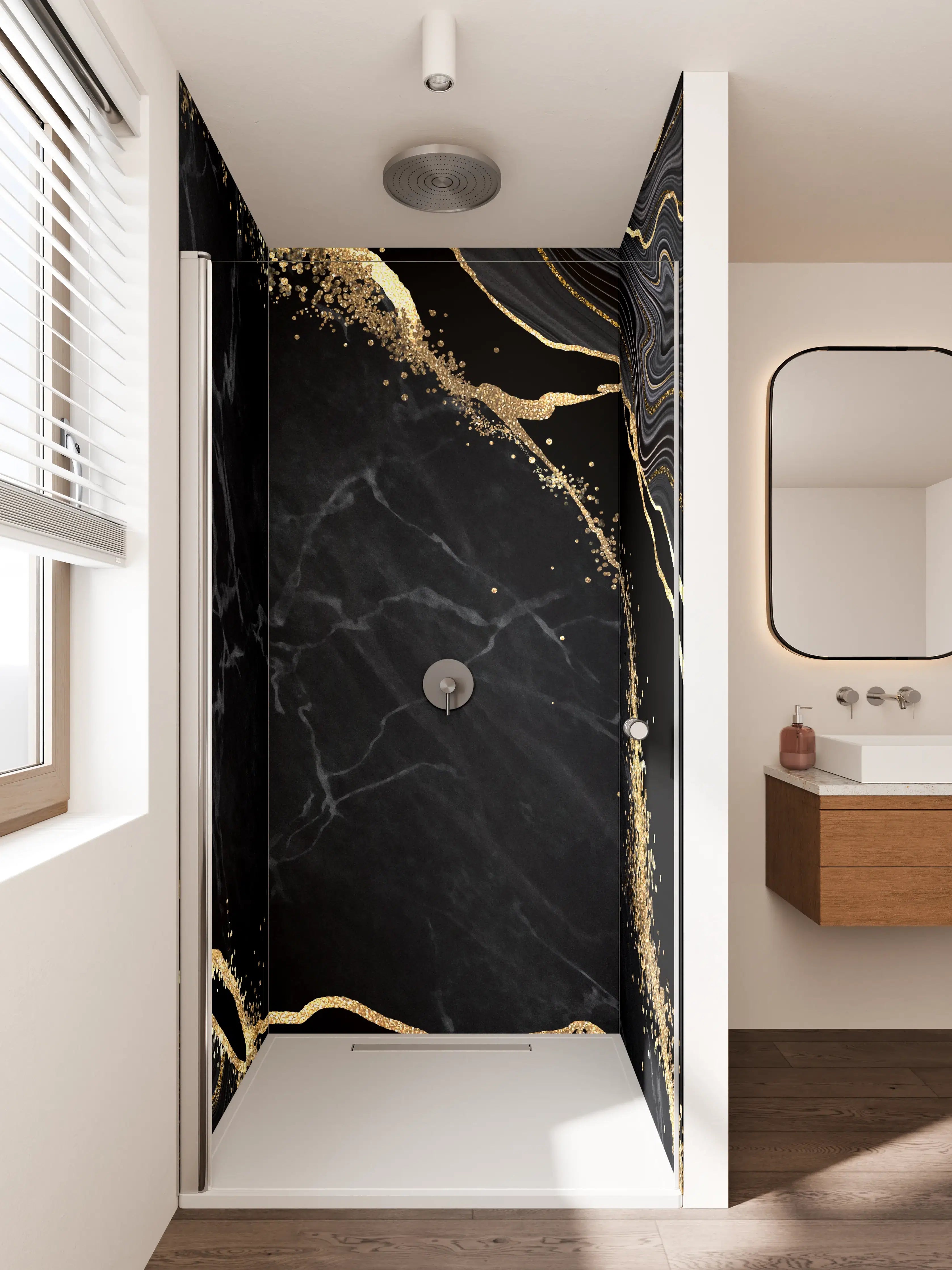 Duschrückwand - Eleganter Schwarz-Gold-Marmor-Design