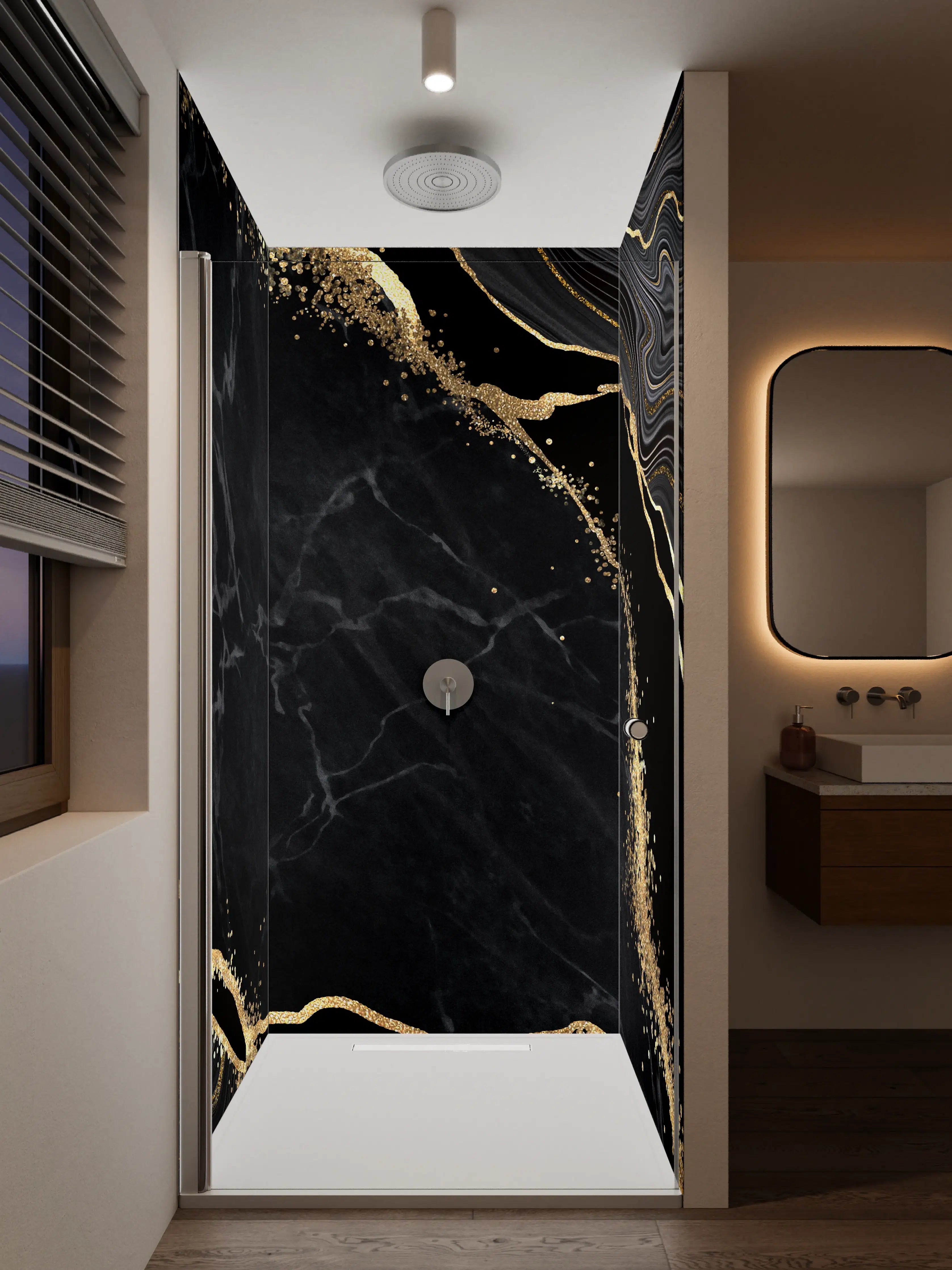 Duschrückwand - Eleganter Schwarz-Gold-Marmor-Design
