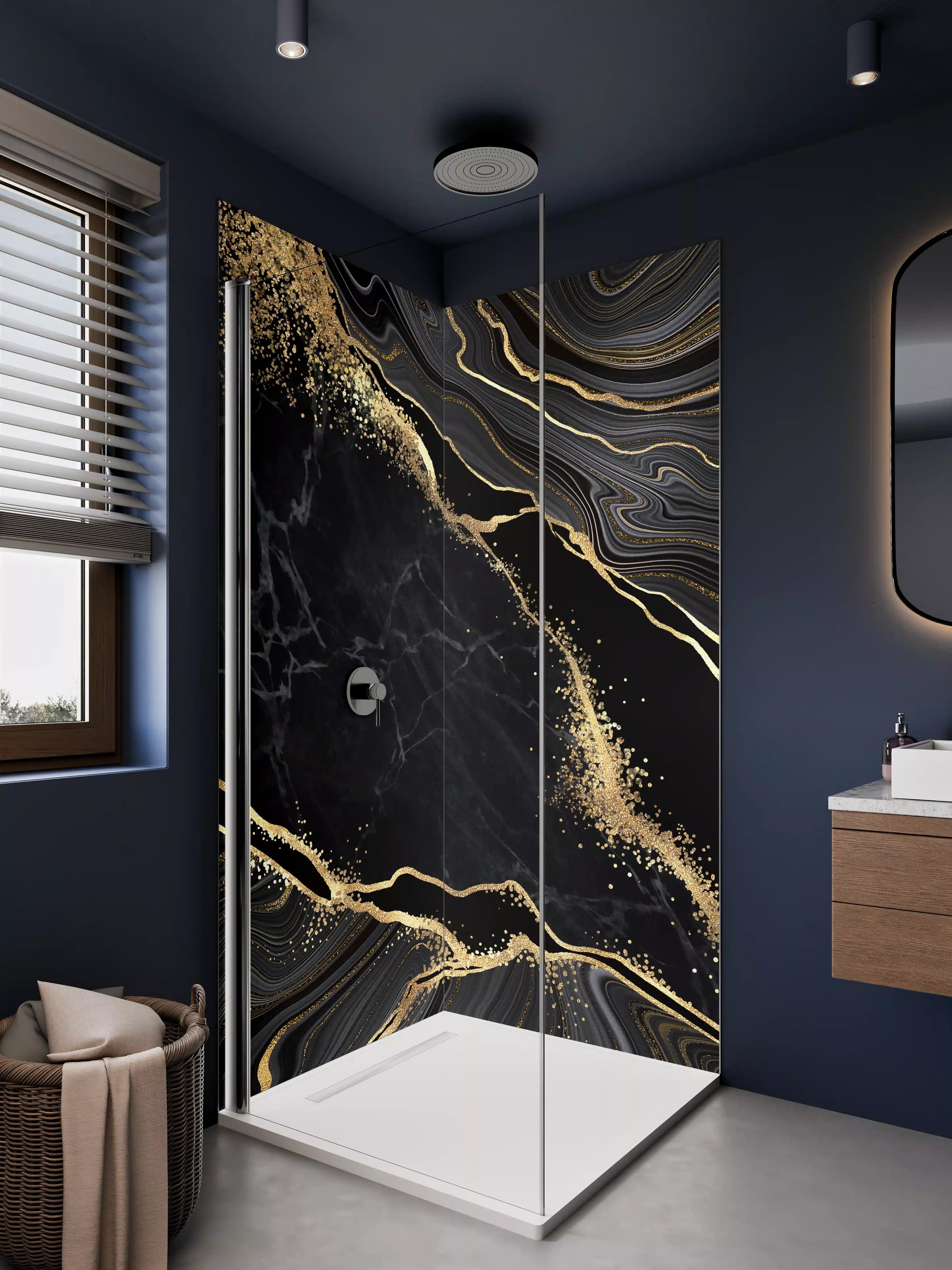 Duschrückwand - Eleganter Schwarz-Gold-Marmor-Design