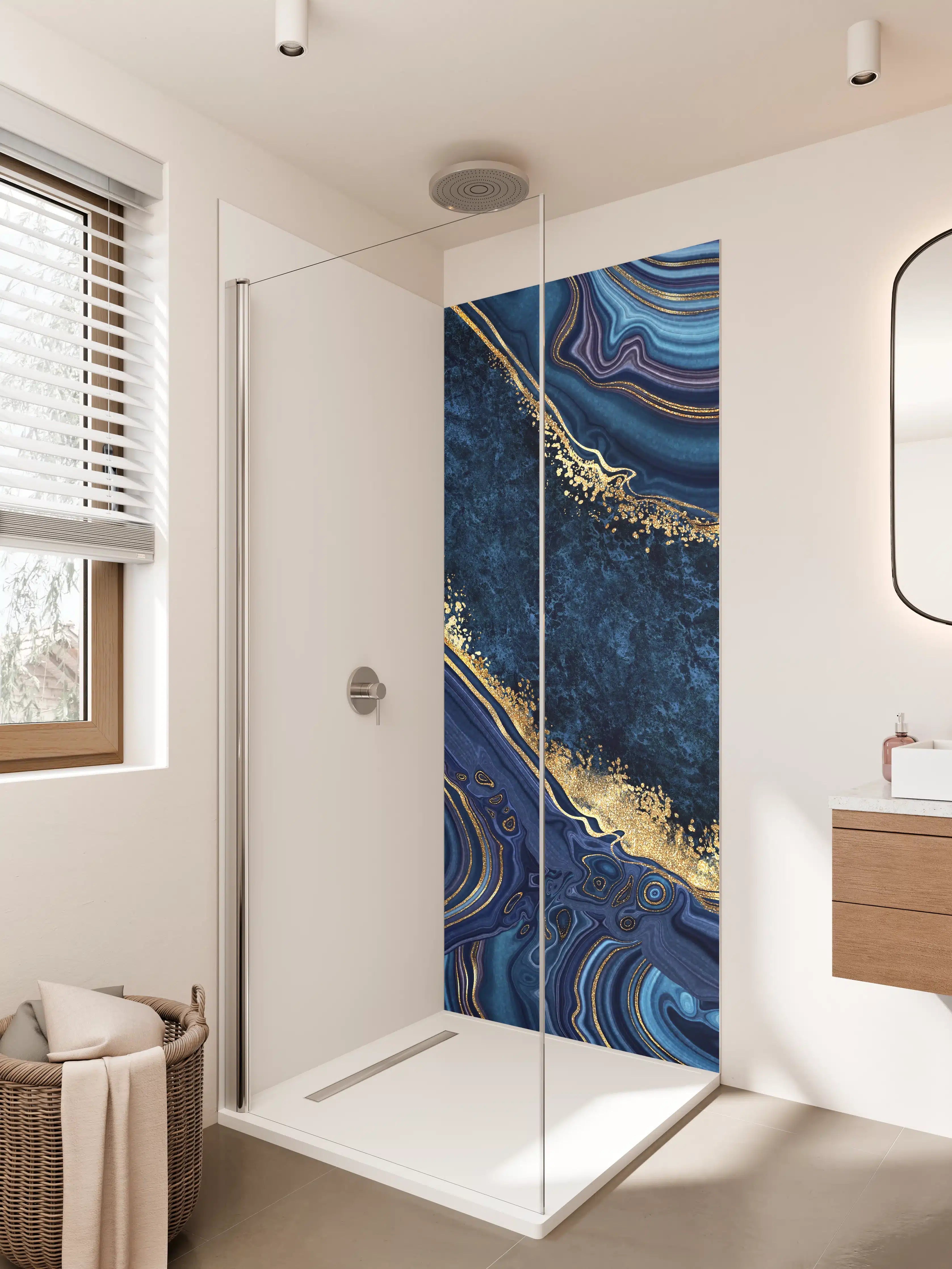 Duschrückwand - Luxuriöse blaue Marmor-Textur mit Goldakzenten