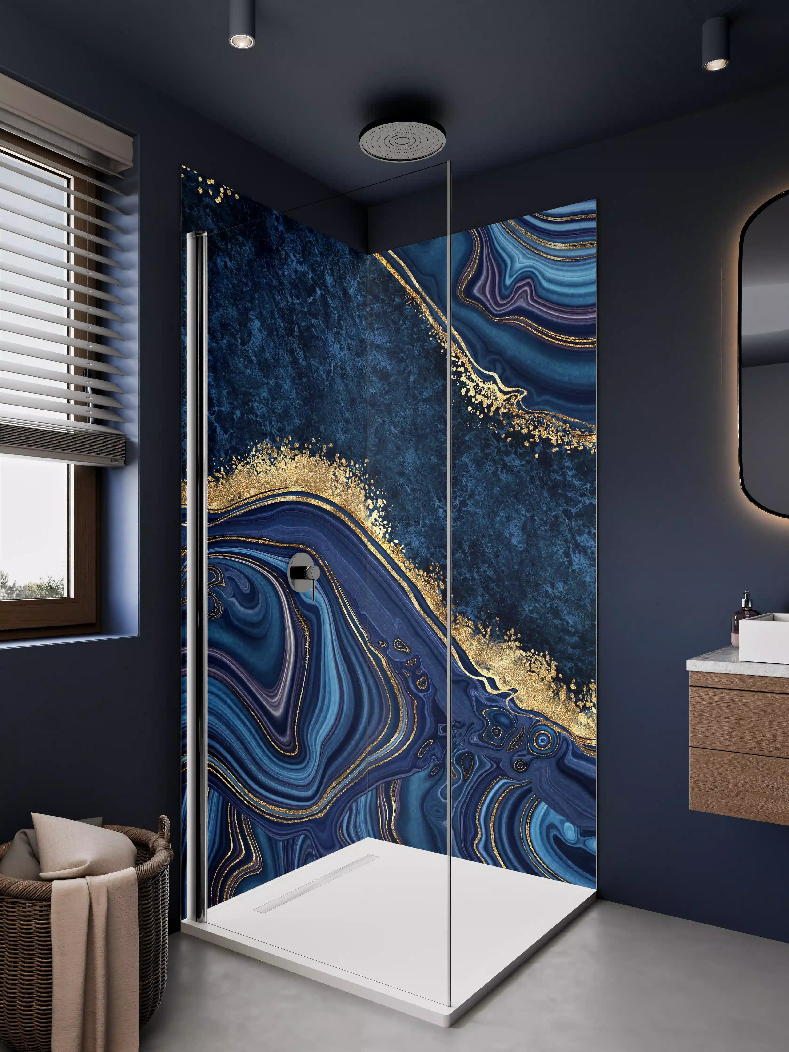 Duschrückwand - Luxuriöse blaue Marmor-Textur mit Goldakzenten