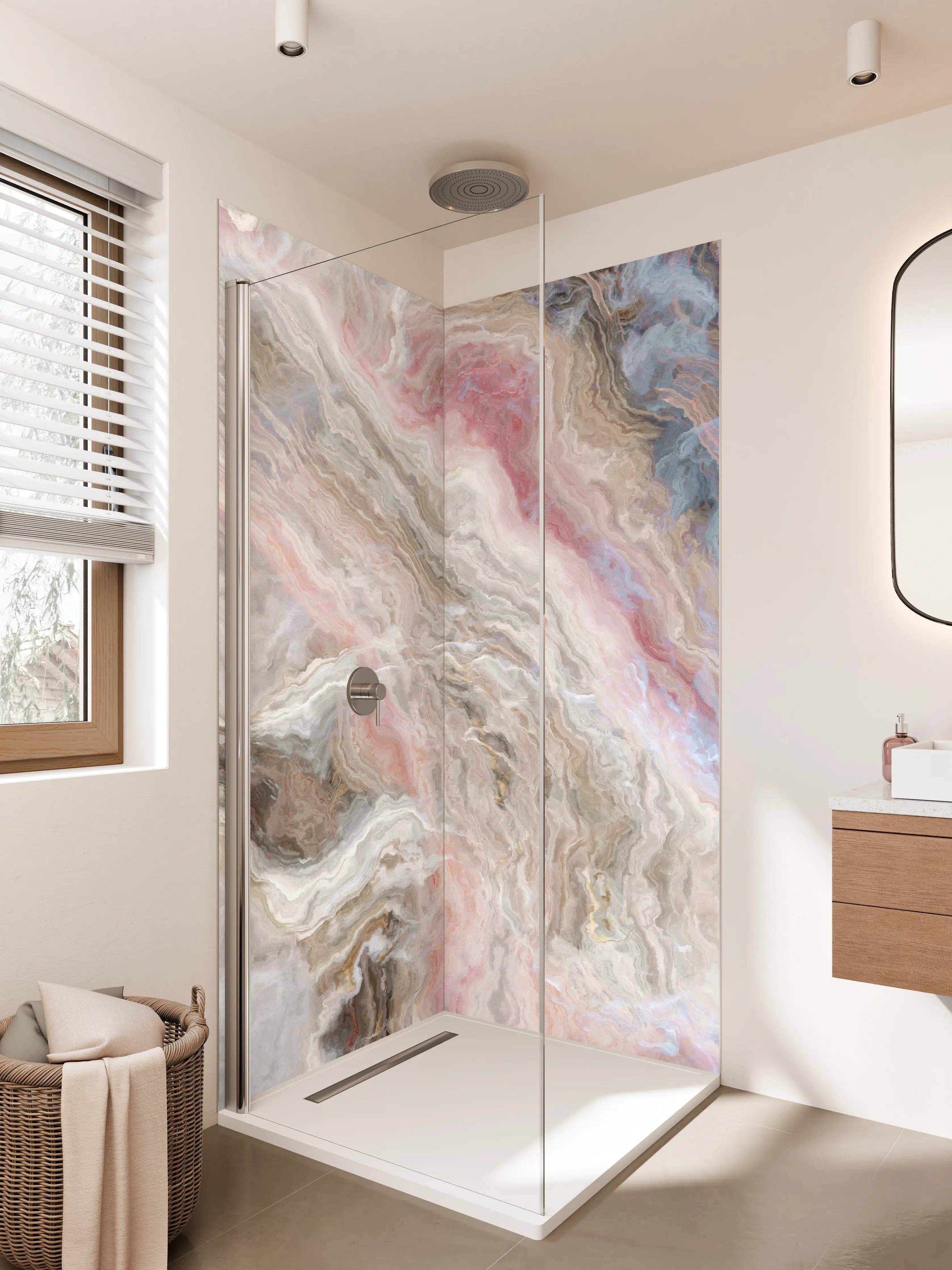 Duschrückwand - Luxus-Fliesen mit rosa-weißer Marmor-Textur