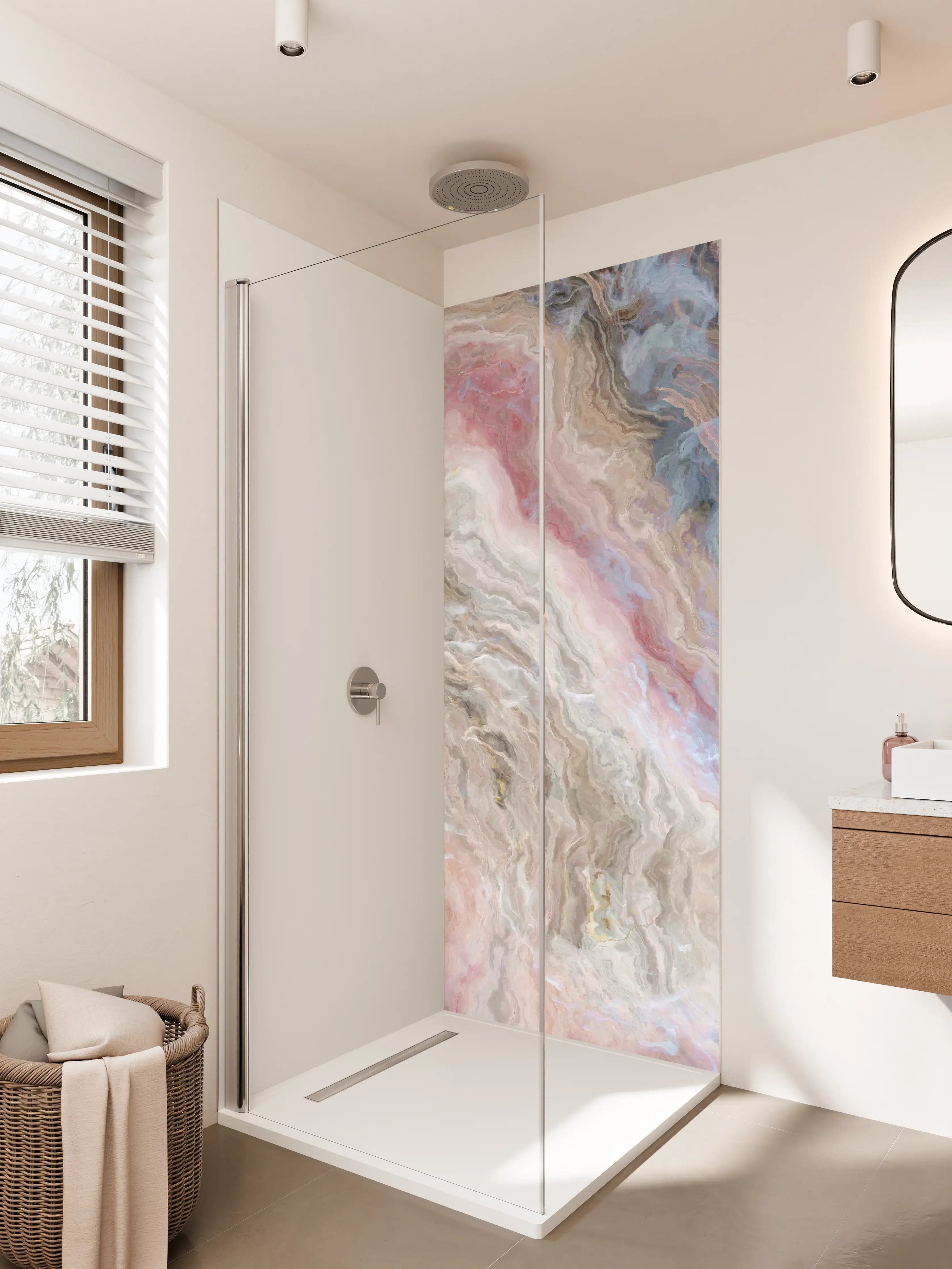 Duschrückwand - Luxus-Fliesen mit rosa-weißer Marmor-Textur