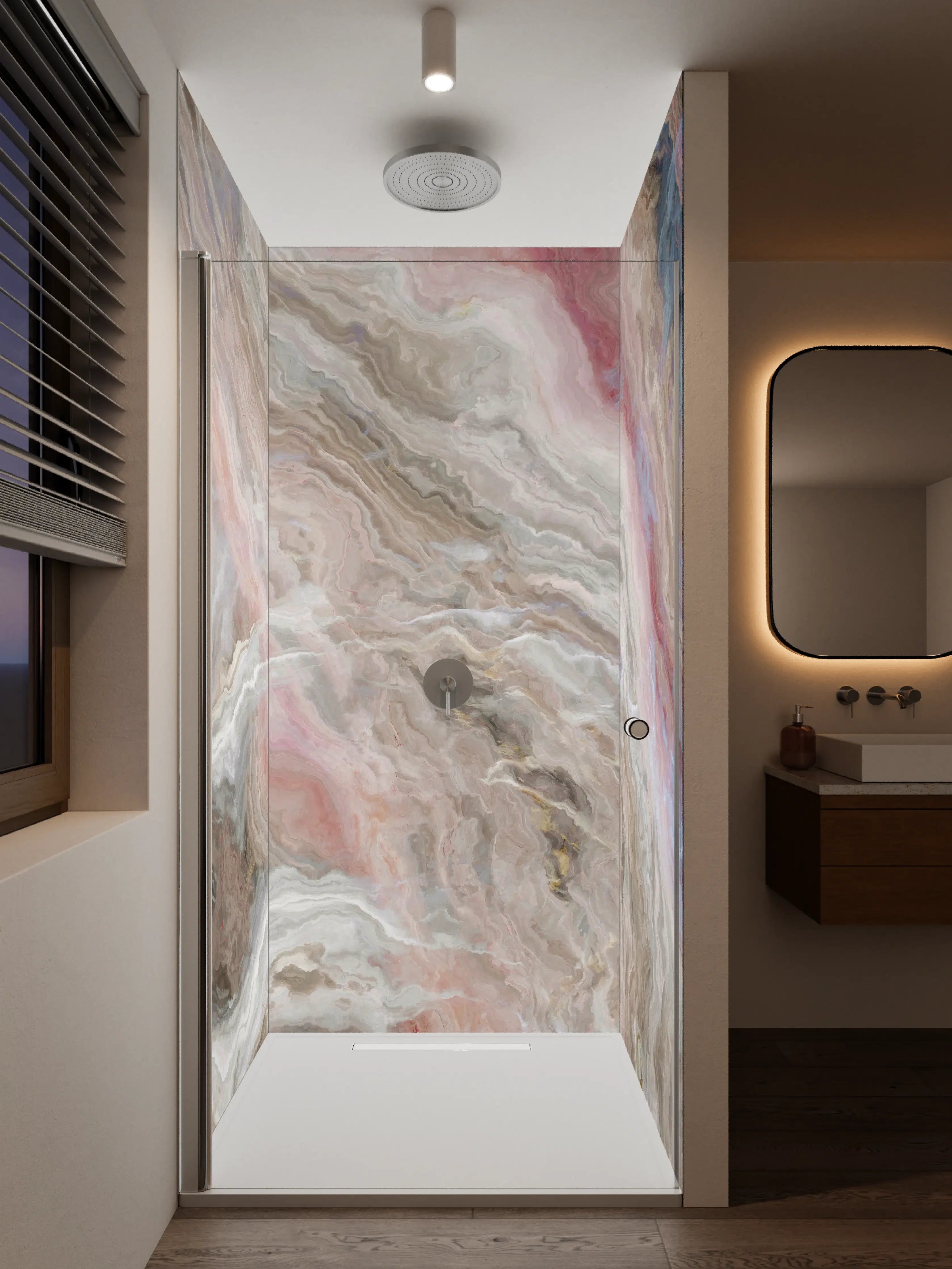 Duschrückwand - Luxus-Fliesen mit rosa-weißer Marmor-Textur