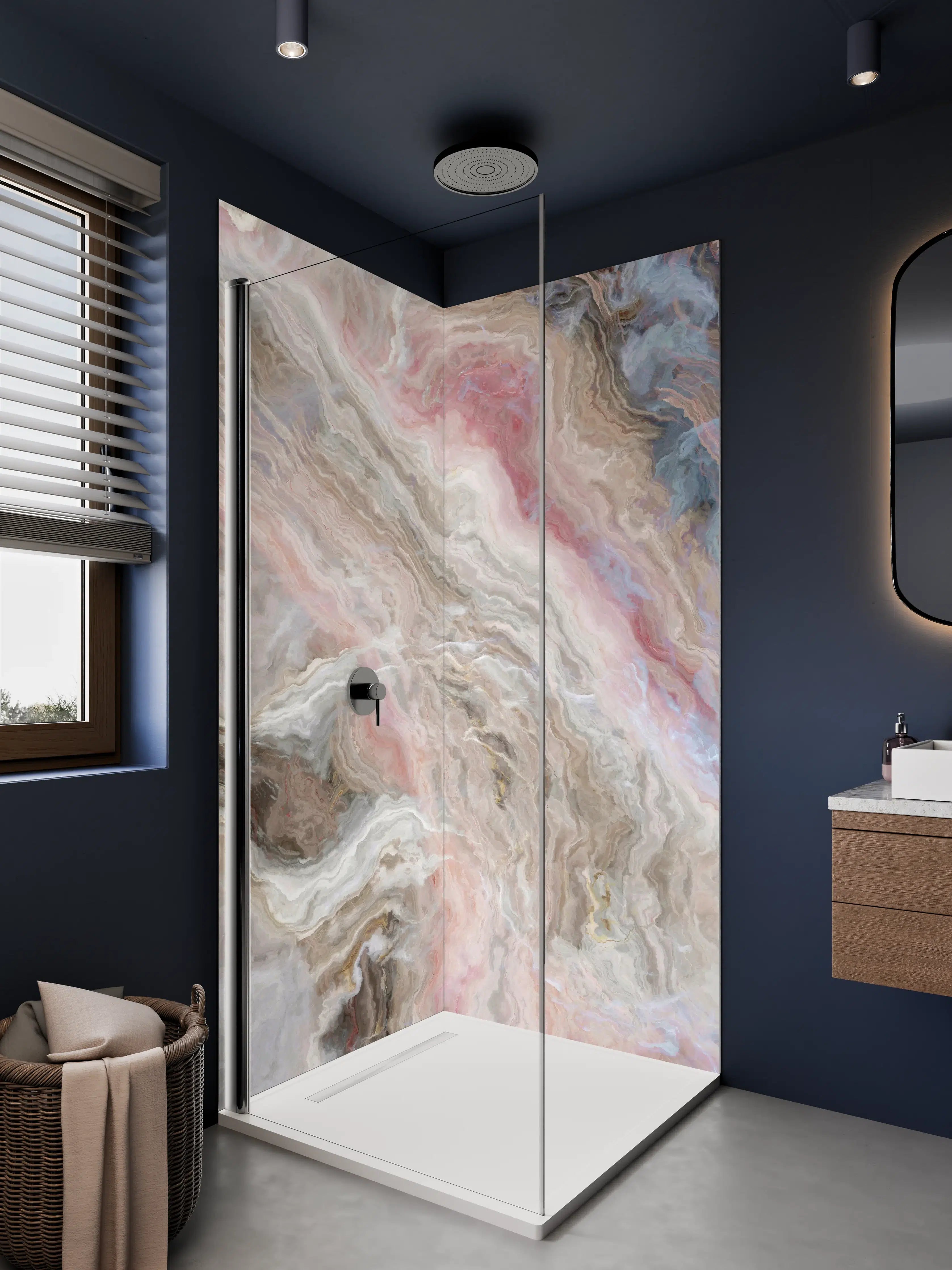 Duschrückwand - Luxus-Fliesen mit rosa-weißer Marmor-Textur