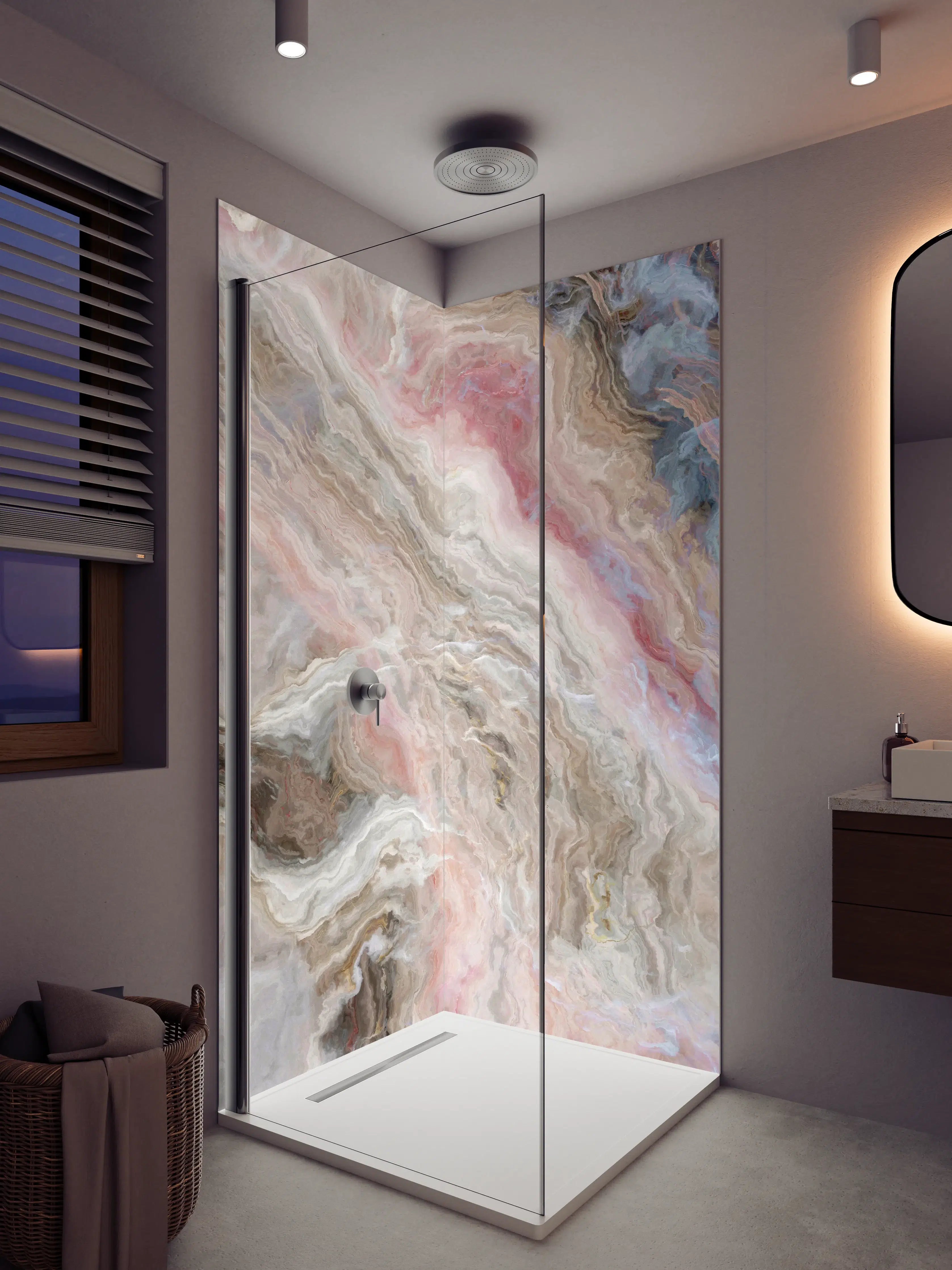 Duschrückwand - Luxus-Fliesen mit rosa-weißer Marmor-Textur