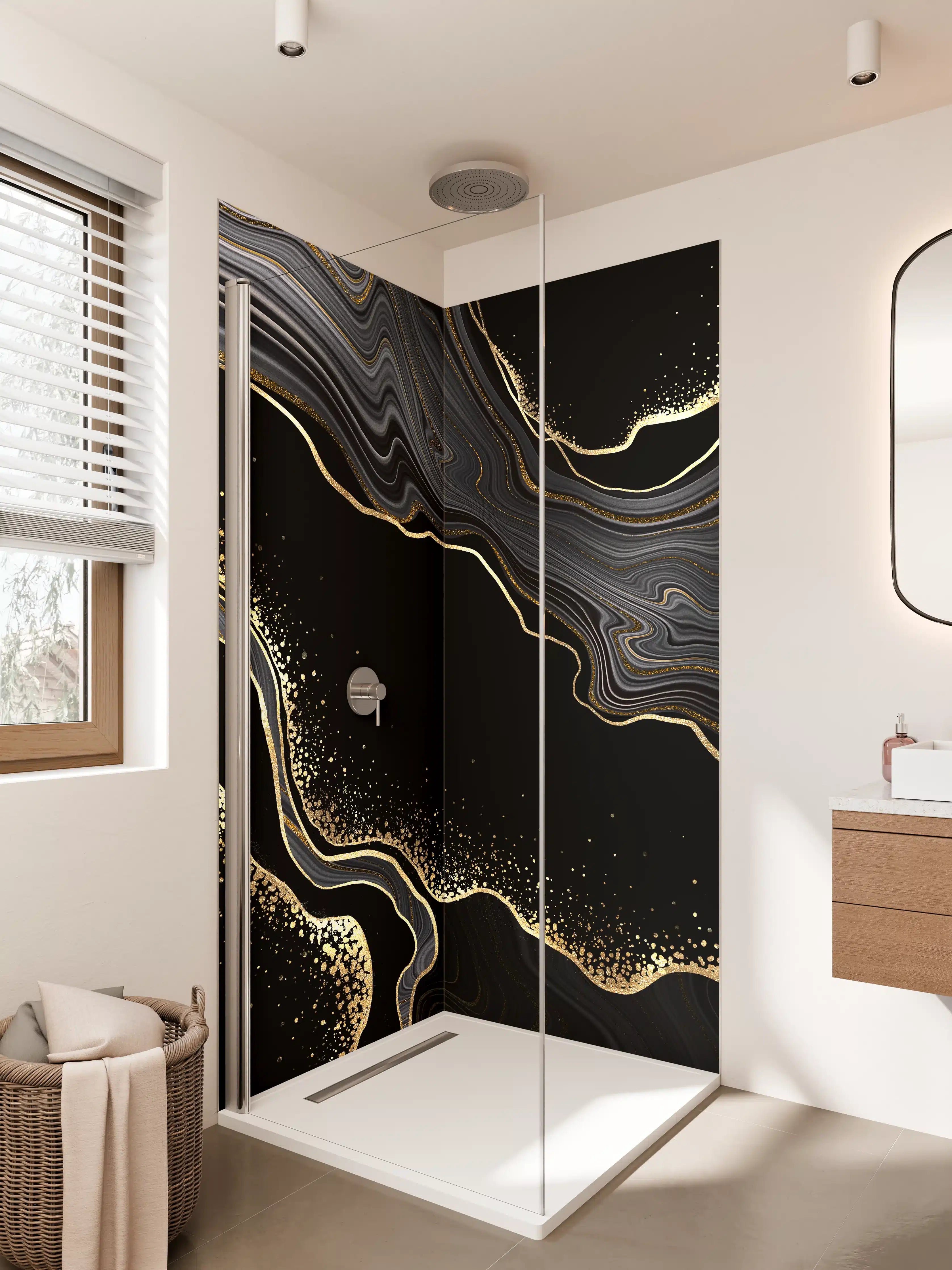 Duschrückwand - Luxus Schwarz-Gold-Marmor-Muster