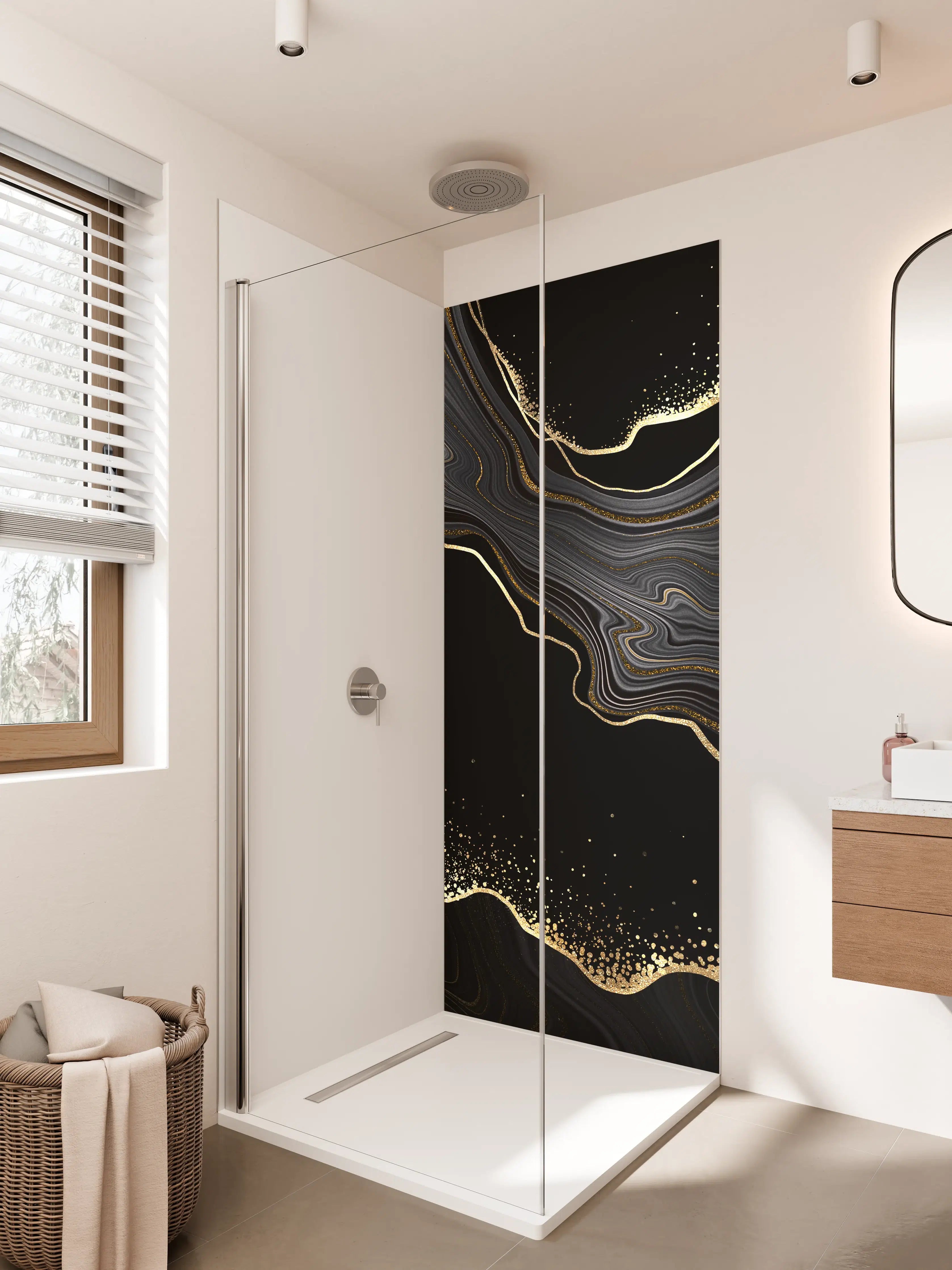 Duschrückwand - Luxus Schwarz-Gold-Marmor-Muster