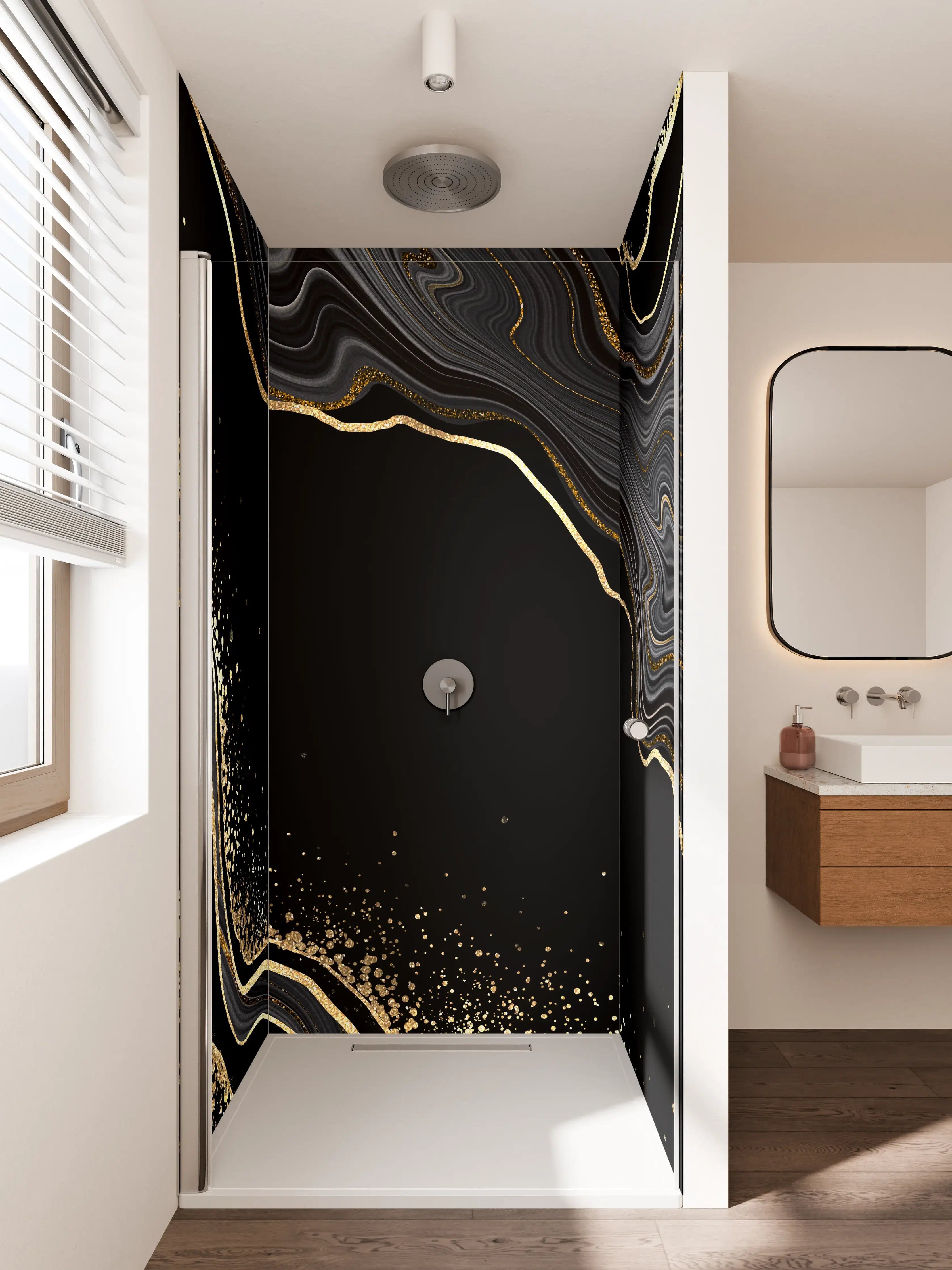 Duschrückwand - Luxus Schwarz-Gold-Marmor-Muster