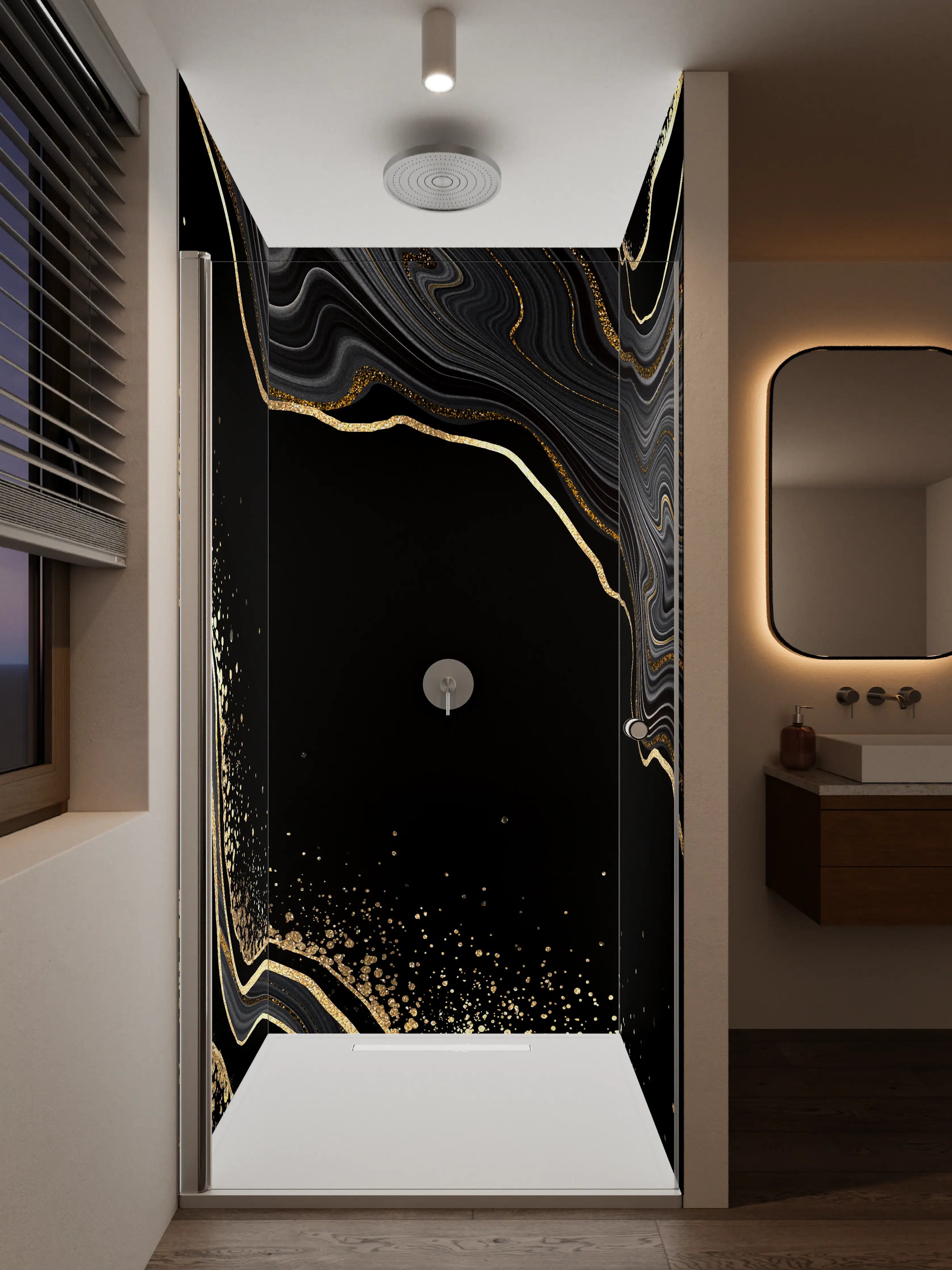Duschrückwand - Luxus Schwarz-Gold-Marmor-Muster