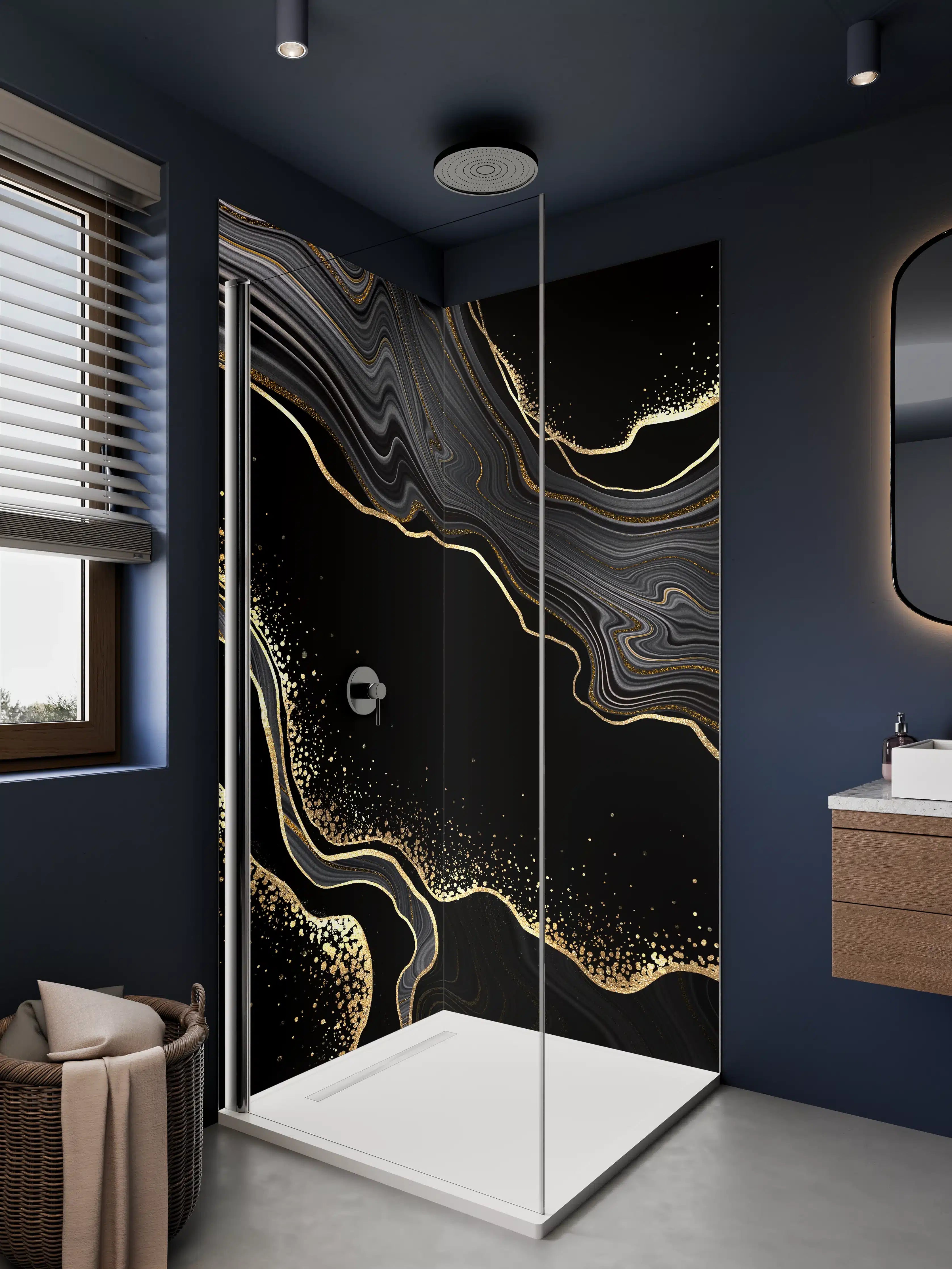Duschrückwand - Luxus Schwarz-Gold-Marmor-Muster