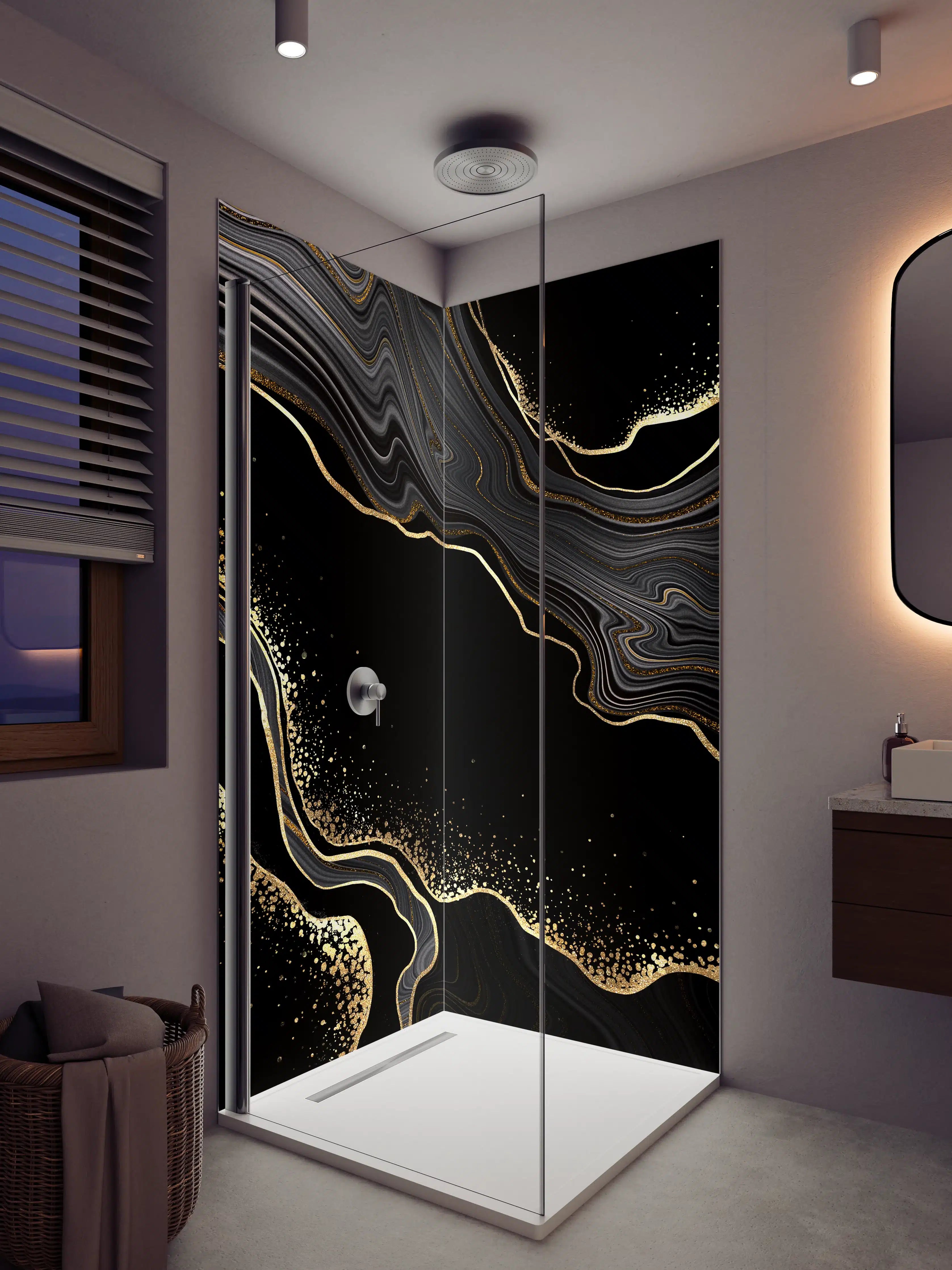 Duschrückwand - Luxus Schwarz-Gold-Marmor-Muster