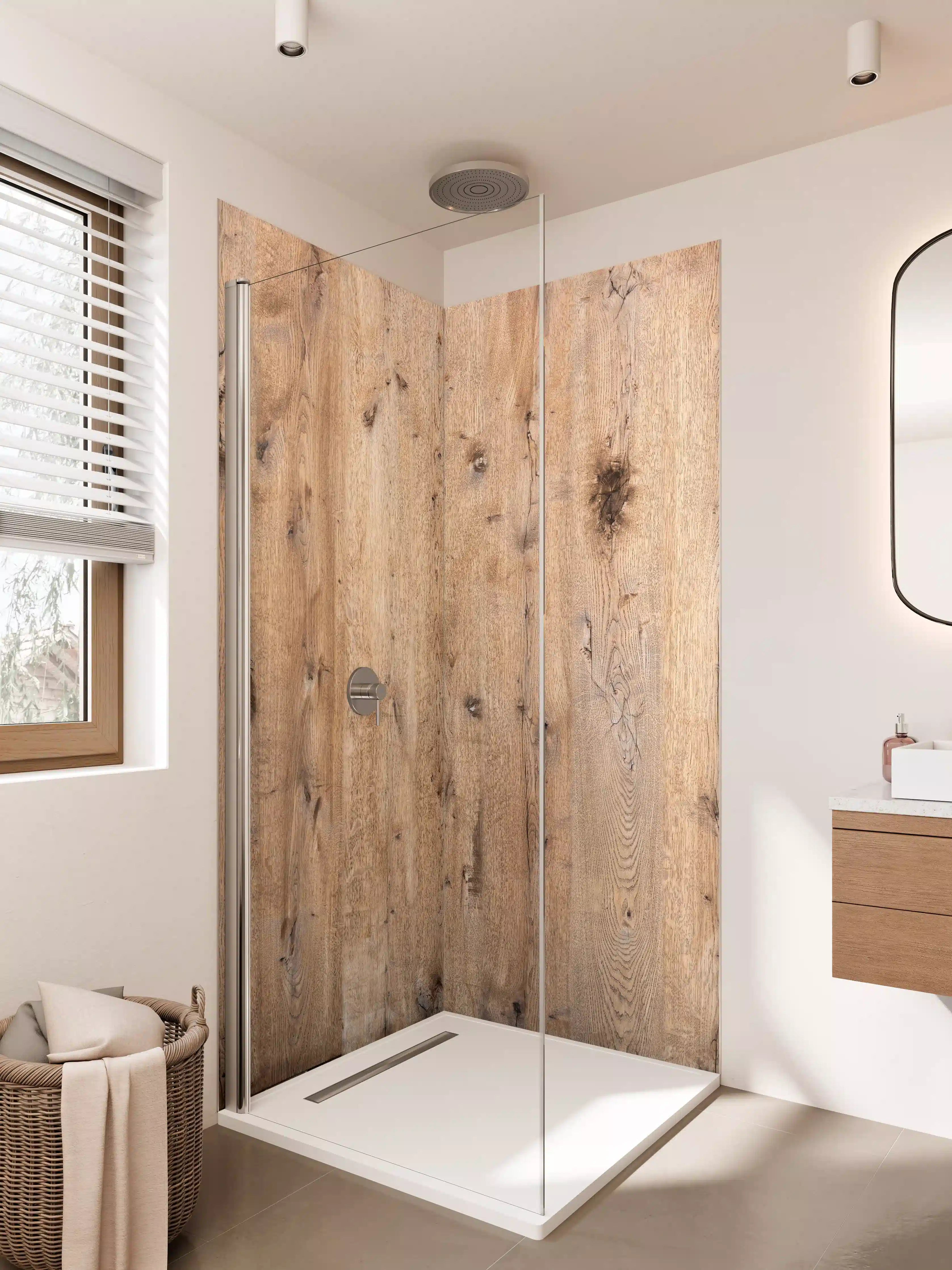 Duschrückwand - Naturholzmuster in warmen Braun- und Beigetönen