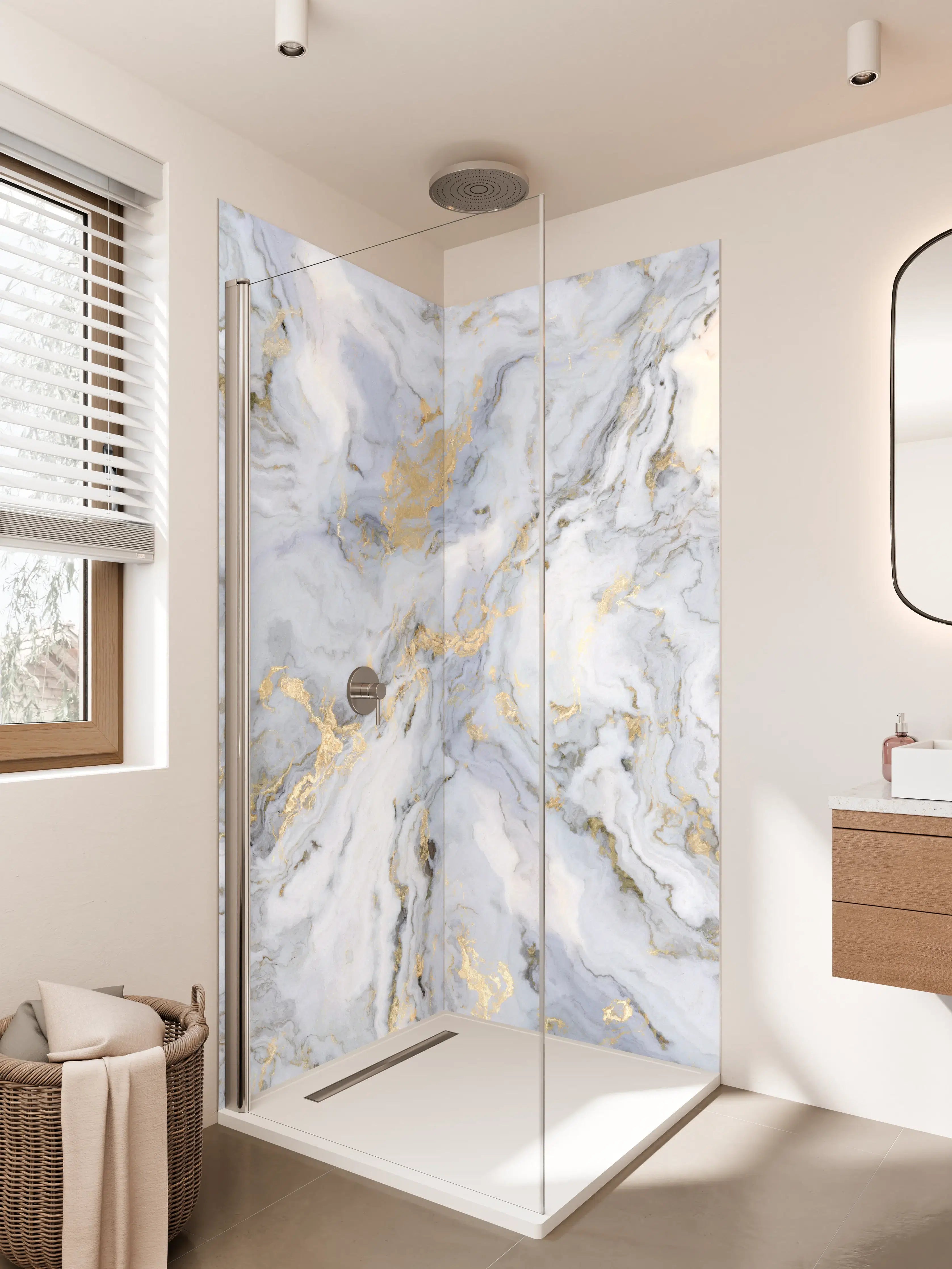 Duschrückwand - Silberne Marmorfassung mit goldenen Highlights