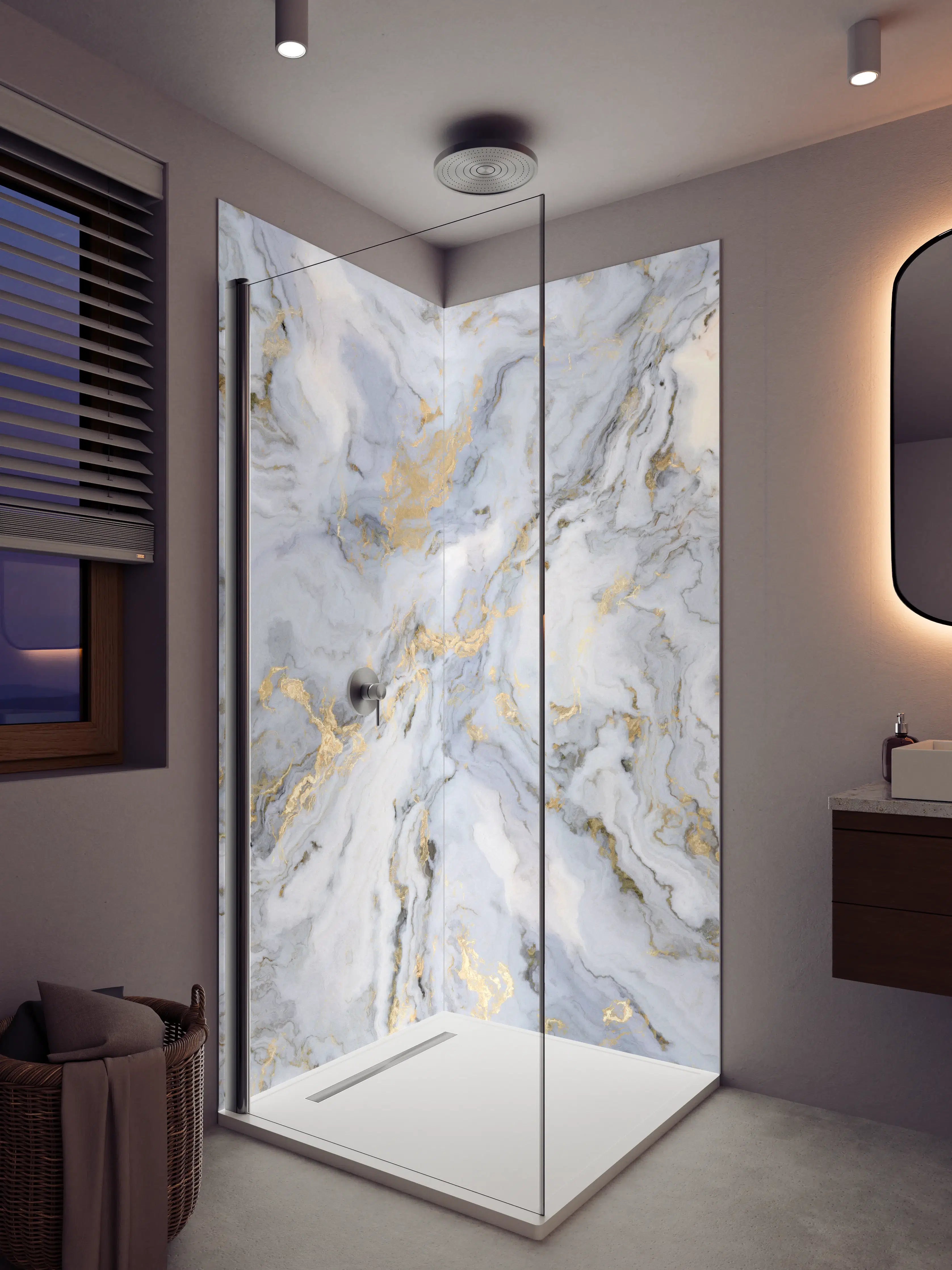 Duschrückwand - Silberne Marmorfassung mit goldenen Highlights