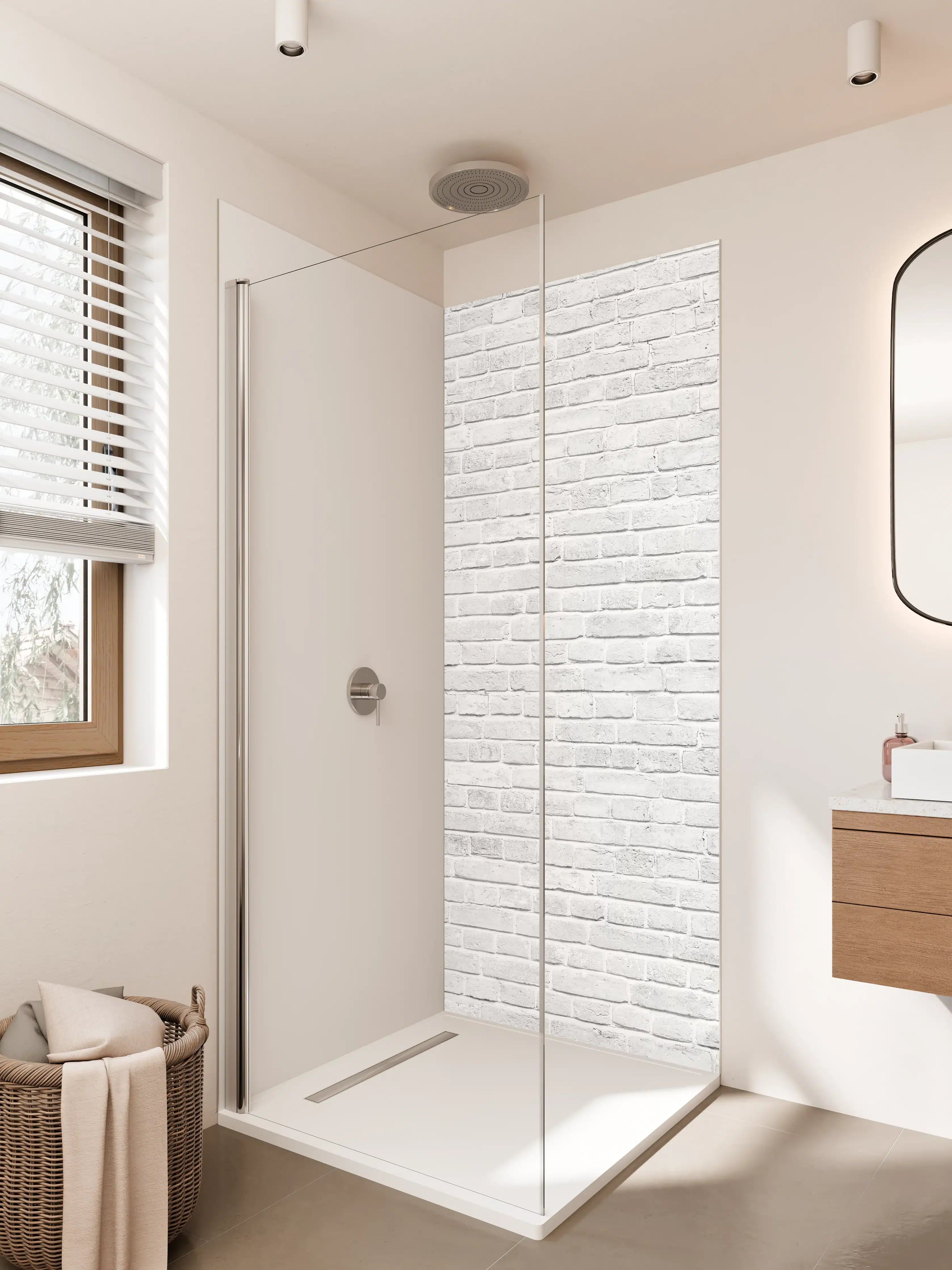 Duschrückwand - Weiße Ziegelwand mit dezenter Textur