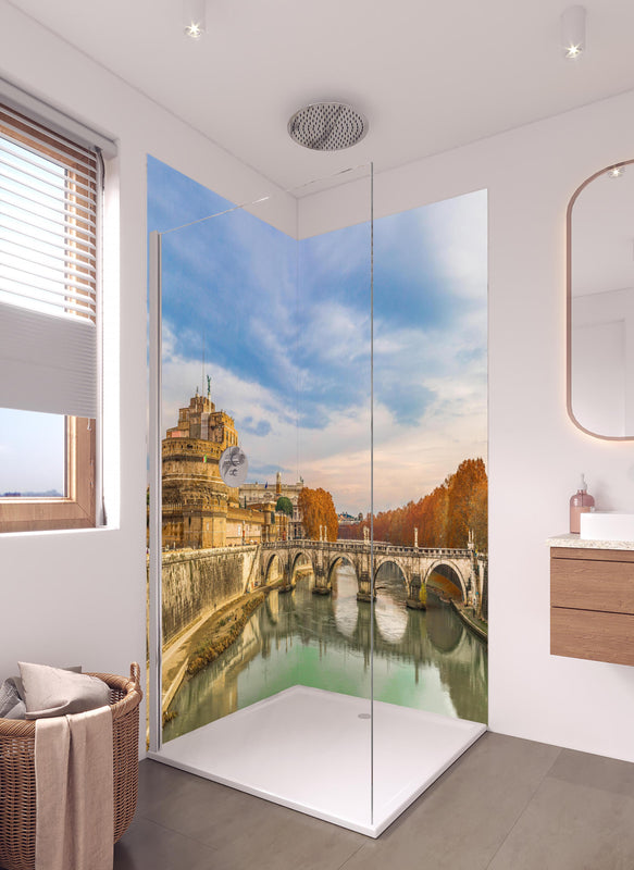 Duschrückwand -  Brücke in Sant'angelo in Rome - Italien in hellem Badezimmer mit Regenduschkopf  - zweiteilige Eck-Duschrückwand