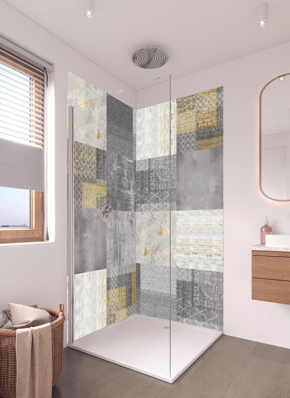 Duschrückwand -  gräulich gelbes Patchwork in hellem Badezimmer mit Regenduschkopf  - zweiteilige Eck-Duschrückwand