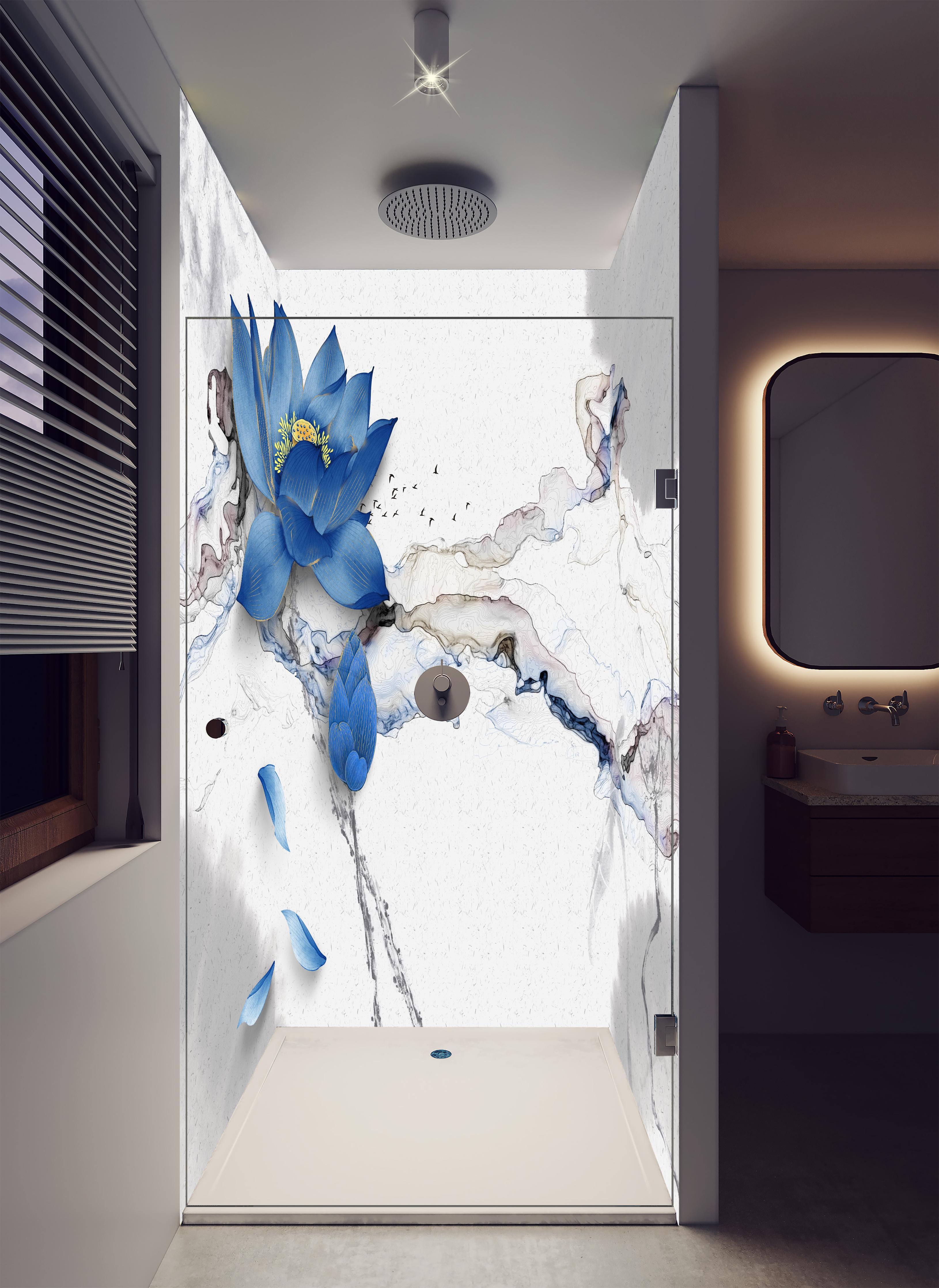 Duschrückwand - Abstrakte Illustration blauer Blume in luxuriöser Dusche mit Regenduschkopf