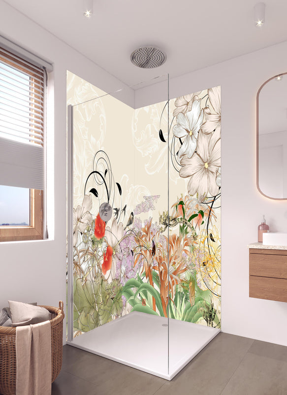 Duschrückwand - Abstrakte Vögel Natur Illustration in hellem Badezimmer mit Regenduschkopf  - zweiteilige Eck-Duschrückwand