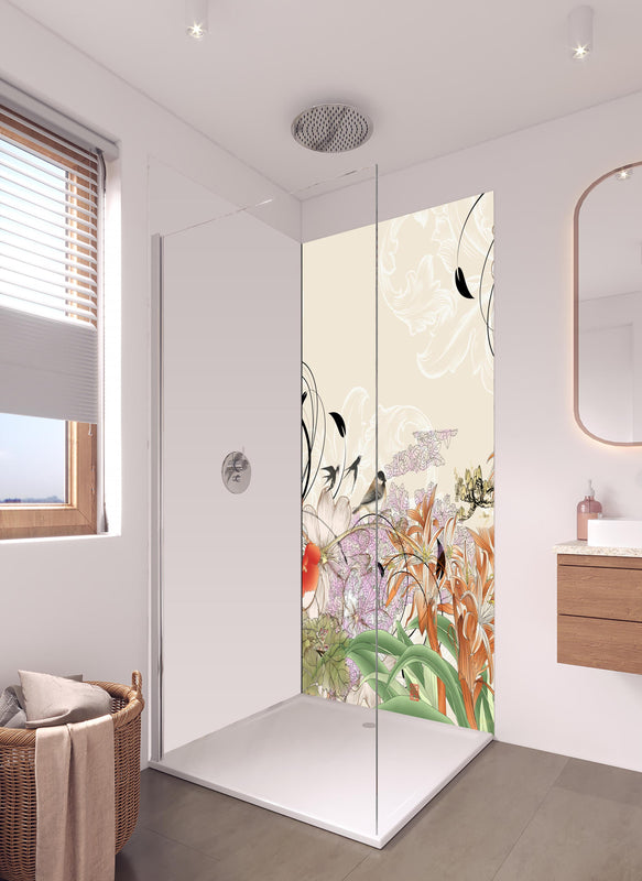 Duschrückwand - Abstrakte Vögel Natur Illustration in hellem Badezimmer mit Regenduschkopf - einteilige Duschrückwand