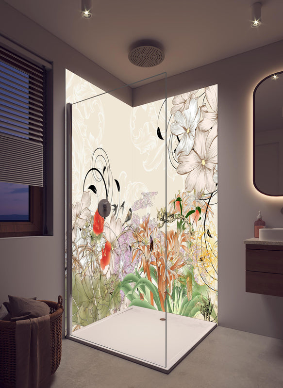 Duschrückwand - Abstrakte Vögel Natur Illustration in cremefarbenem Badezimmer mit Regenduschkopf