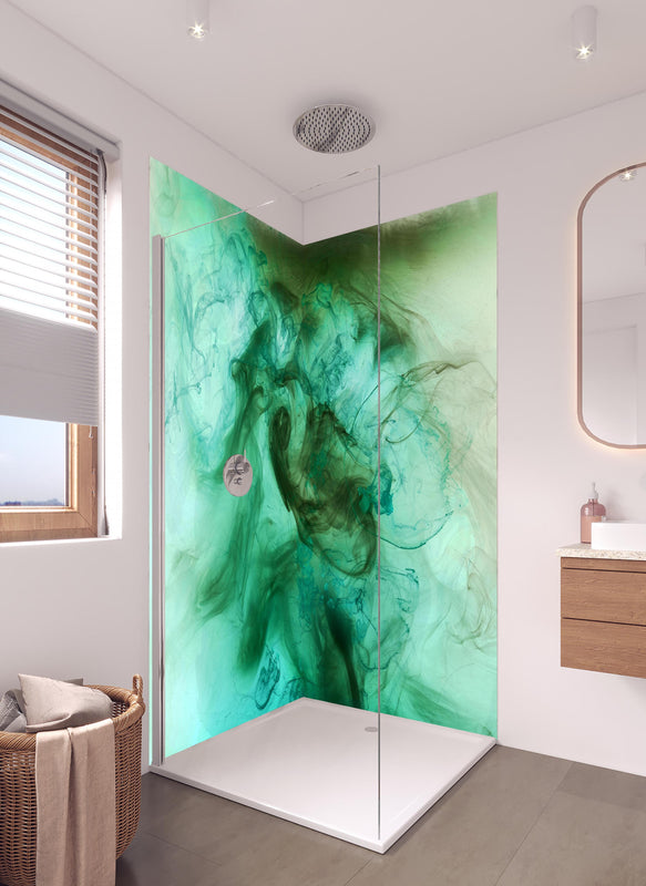 Duschrückwand - Abstrakte blau-grünen Ozean in hellem Badezimmer mit Regenduschkopf  - zweiteilige Eck-Duschrückwand