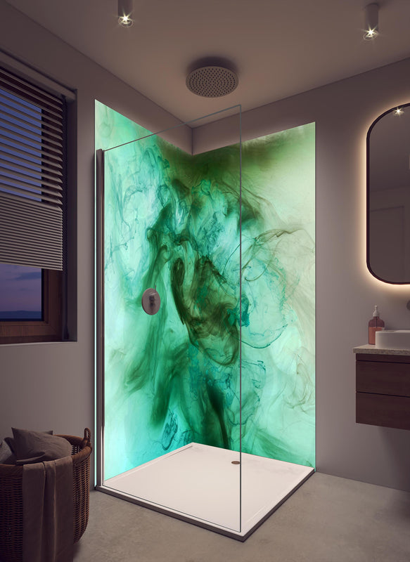 Duschrückwand - Abstrakte blau-grünen Ozean in cremefarbenem Badezimmer mit Regenduschkopf